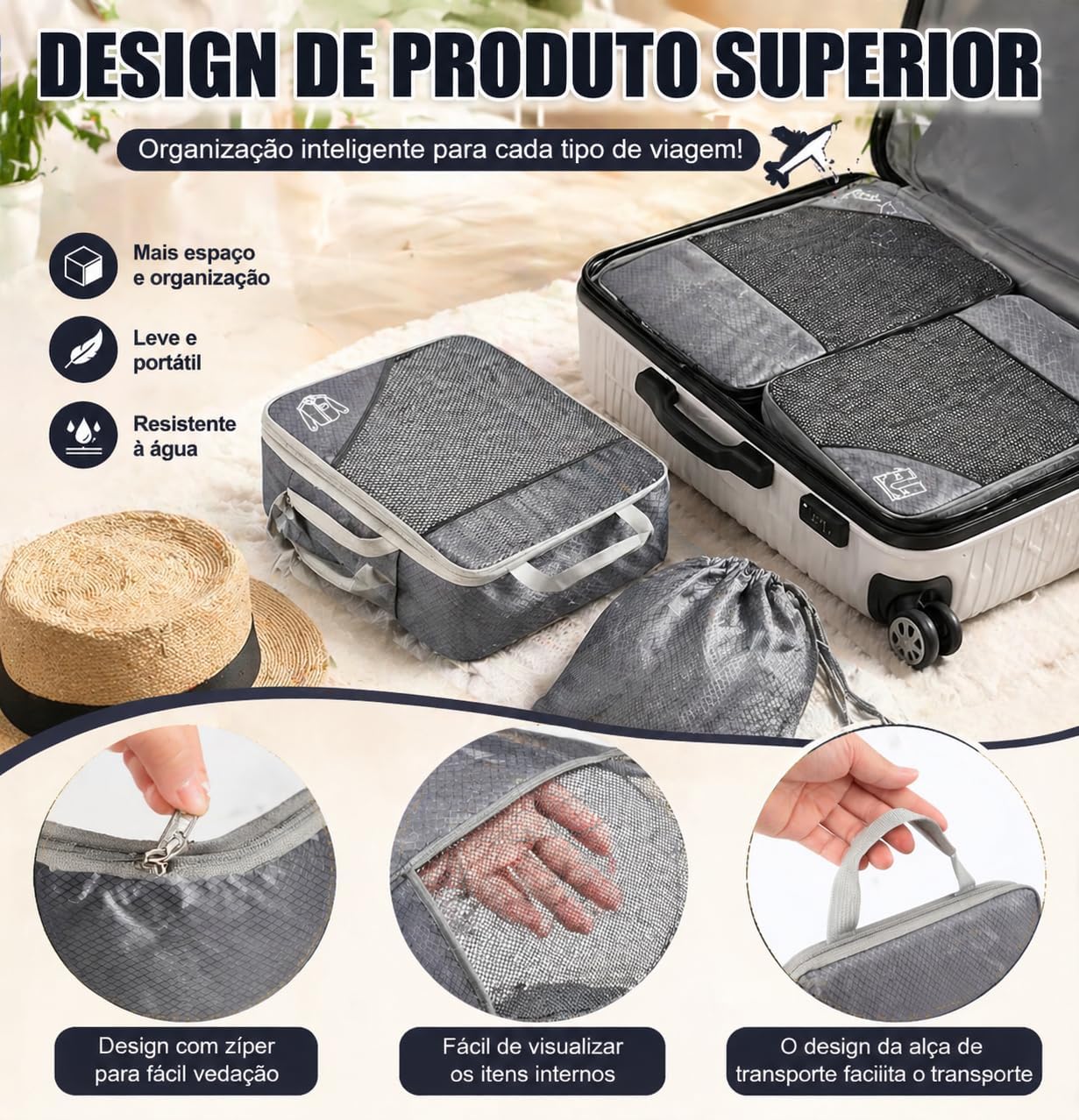 Kit Organizador de Malas 5 Peças, Cubos de Embalagem com Compressão, Organizador de Bagagem em Malha Expansível, Sacos Organizadores para Viagem, Roupas e Acessórios - Imagem 3