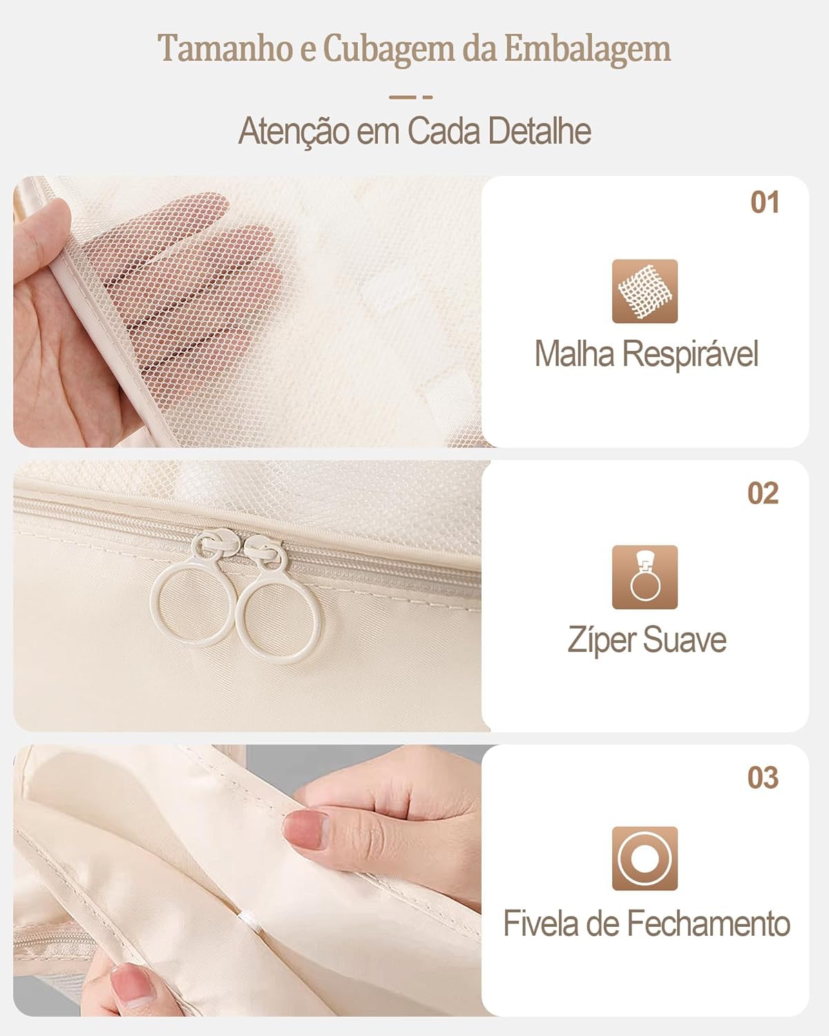 KIT 10 Necessaire Feminina Organizador de Malas para Viagem: Kit Completo de Organização - Inclui Bolsa Organizadora-Organizadores de Bagagem para Viagem-VANOVA (BEGE) - Imagem 6