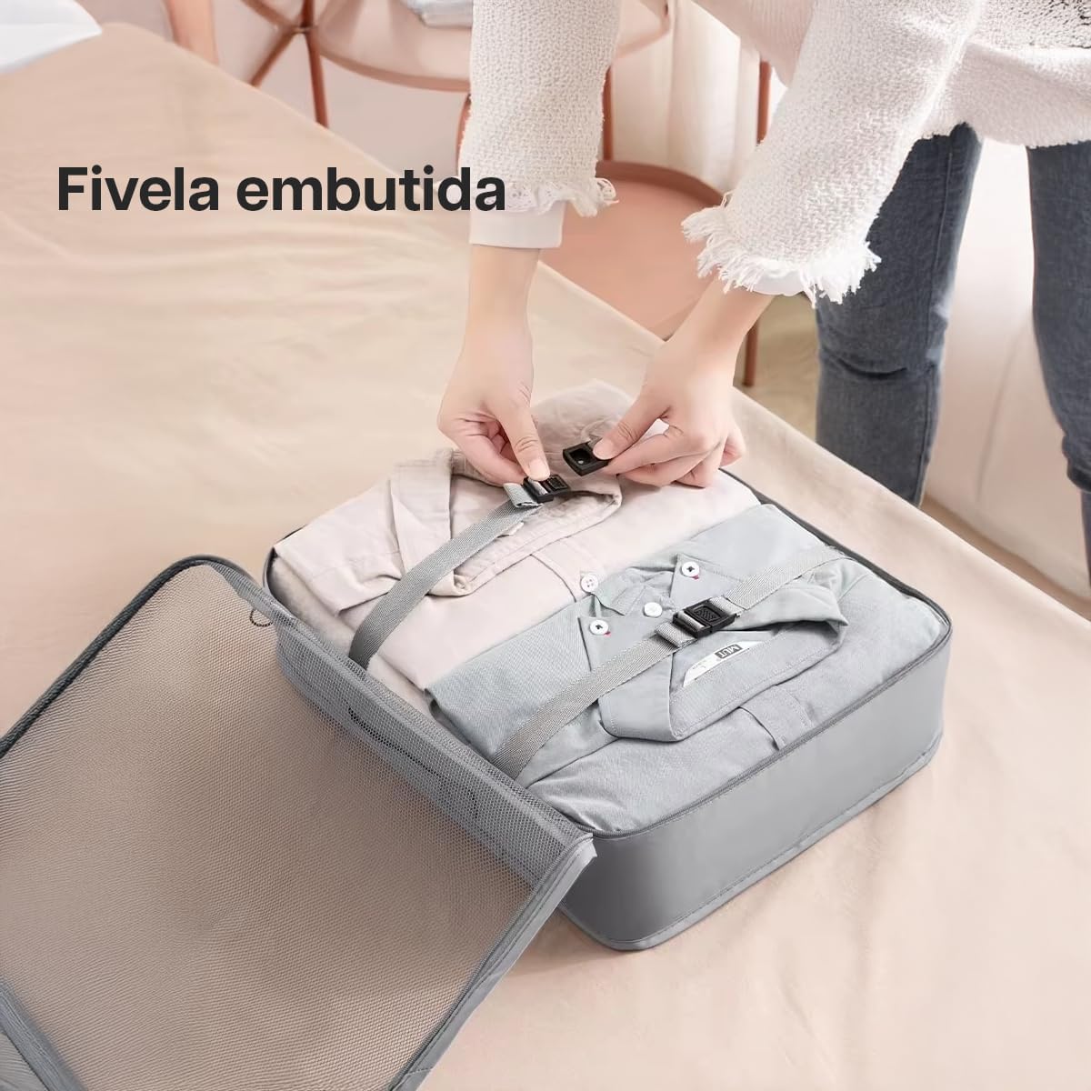 Organizador Viagem Kit 7 Peças - Necessaire para Bagagem Malas Roupas Bolsa Cosméticos Higiene - Dobrável Impermeável Multiuso Feminina Masculina Unissex Grande Compacto Prático (BEGE) - Imagem 4