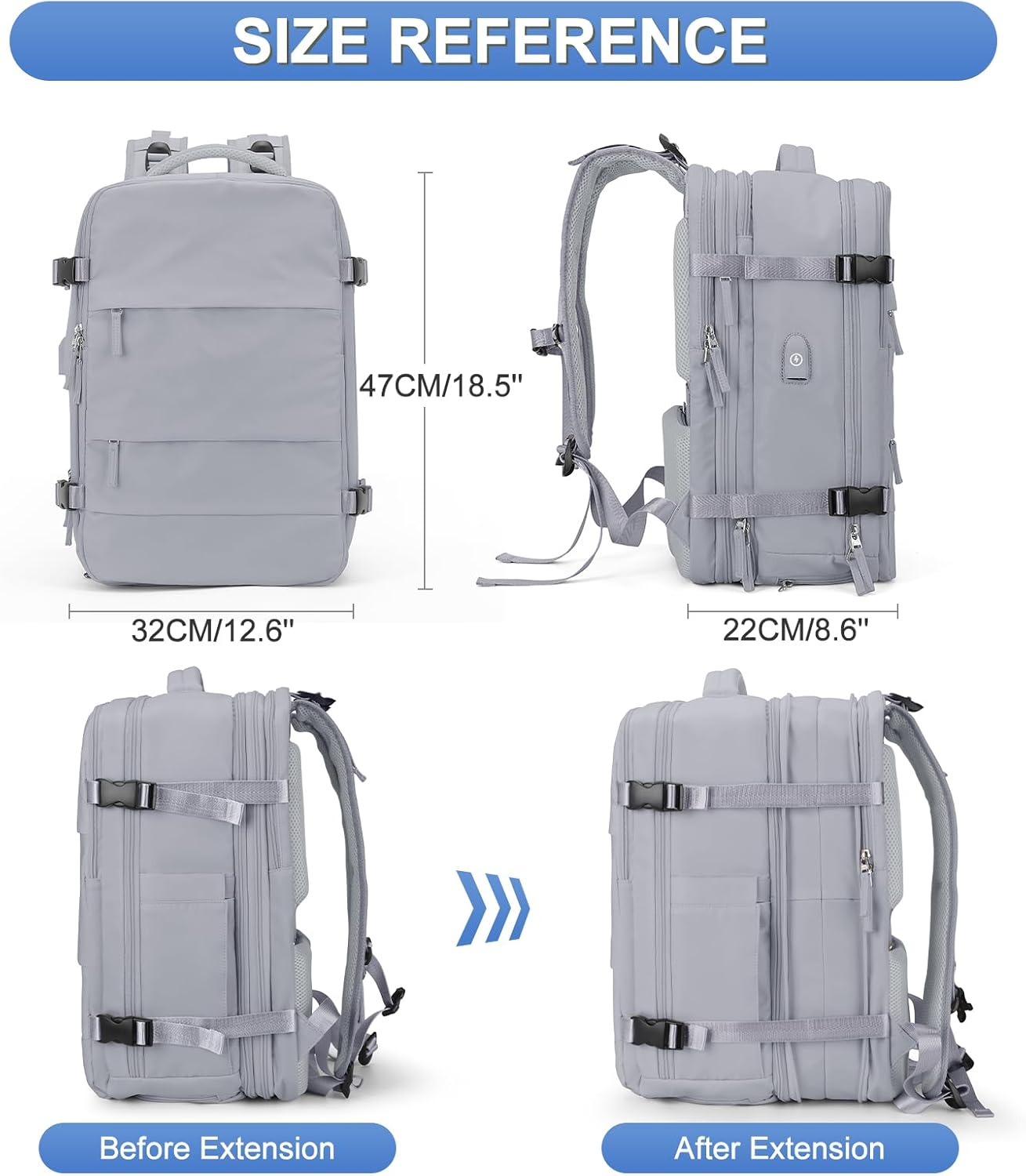 Mochila de viagem coofay casual e versátil, Cinza A, Expandable, Mochilas de viagem - Imagem 4