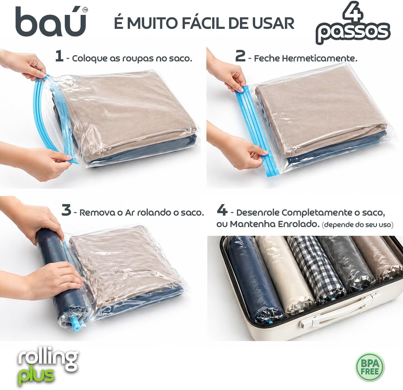 Kit 12 Sacos a Vácuo Manual p/Viagem s/Bomba - Enrole e Tire o Ar - Rolling Plus Baú - Imagem 4