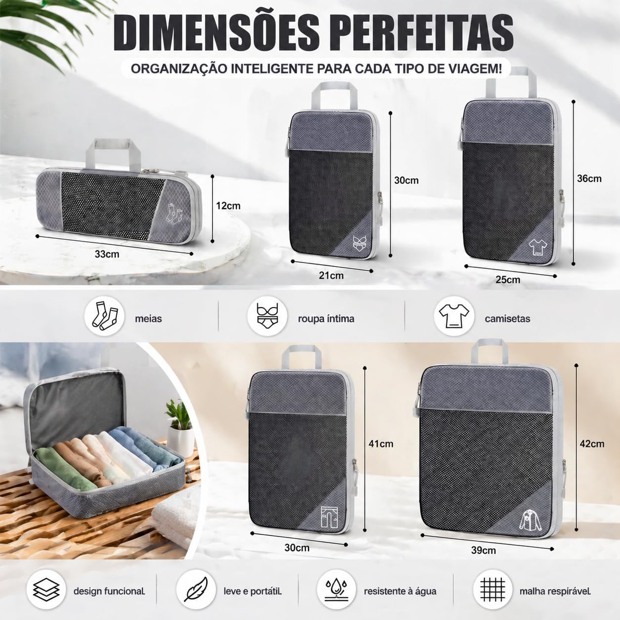 Kit Organizador de Malas 5 Peças, Cubos de Embalagem com Compressão, Organizador de Bagagem em Malha Expansível, Sacos Organizadores para Viagem, Roupas e Acessórios - Imagem 2