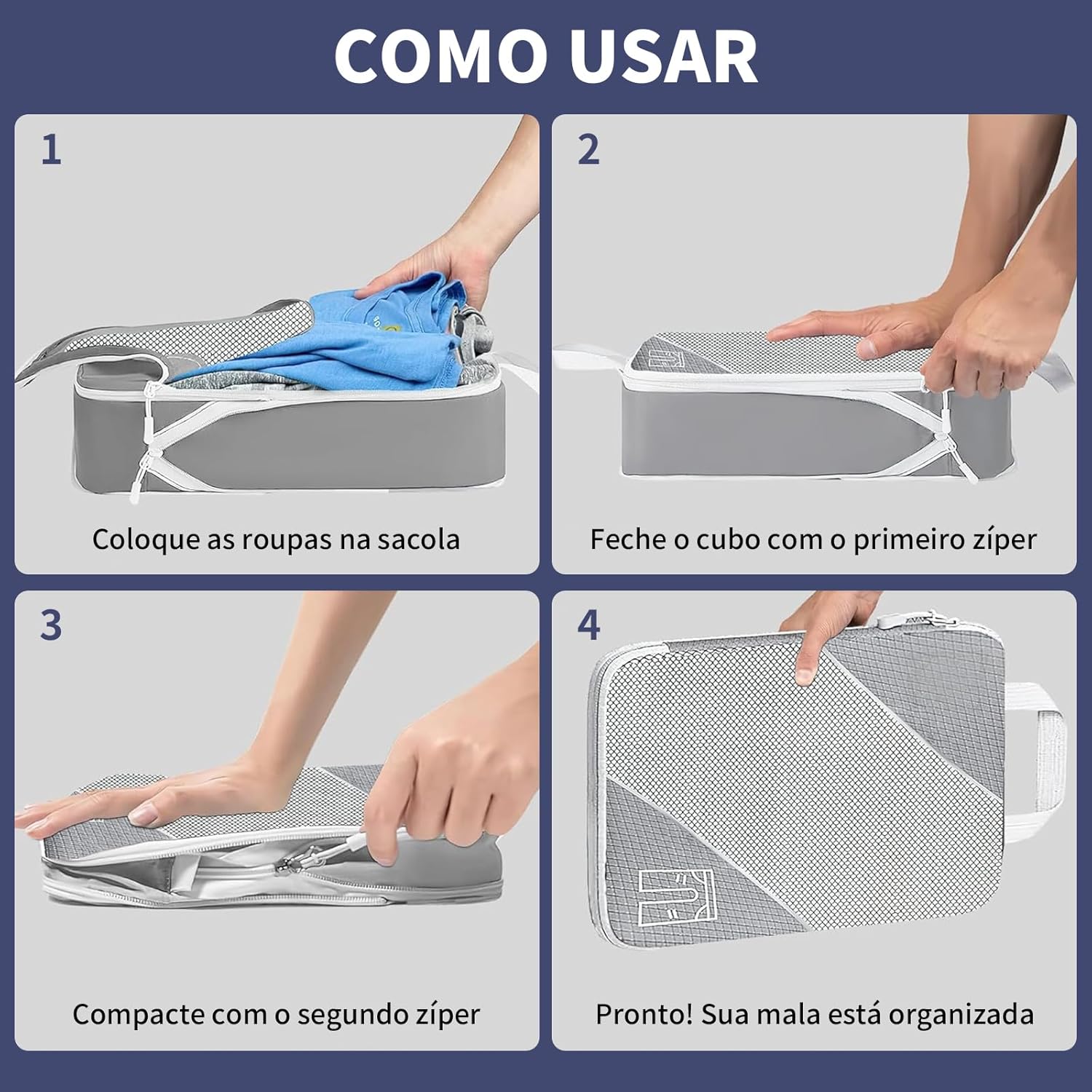 Kit 6 Organizador de Malas para Viagem, Organizador de Mala Comprimido Expansível, Organizadores de Mala em Malha, Viagens, Viagens de Negócios, Mudança de Casa (Cinza) - Imagem 6