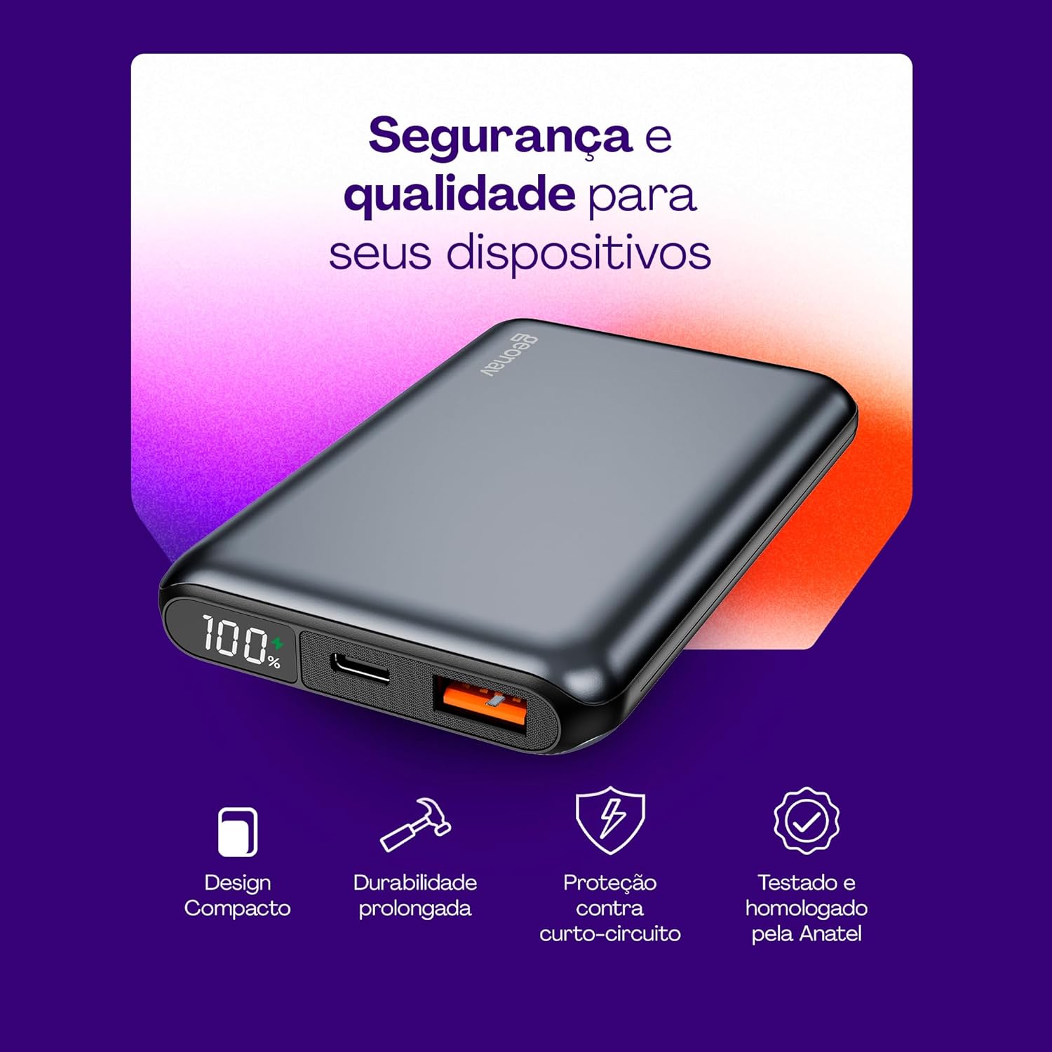 Geonav Power Bank, Carregador Portátil Universal 10.000mAh, USB-A (até 18W) + USB-C (até 20W), Compacto, Carregamento Rápido, Pass Through, Led Indicador de Bateria, PB10K20WSG, Cinza espacial - Imagem 3
