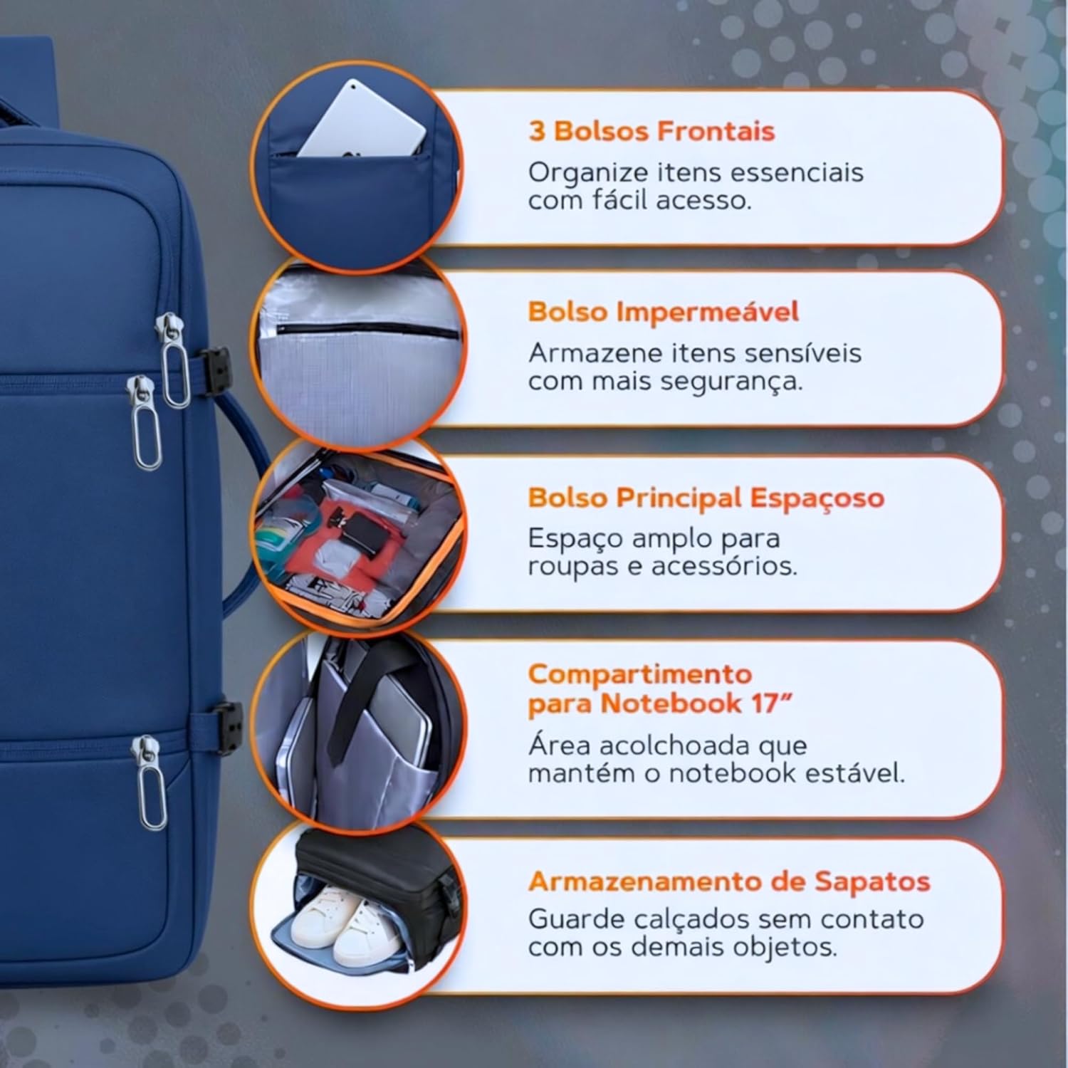 Mochila de Viagem Expansível Aprovada em Avião Bagagem de mão Impermeável Compartimento P/Notebook Laptop Porta de Carregamento USB - Imagem 4