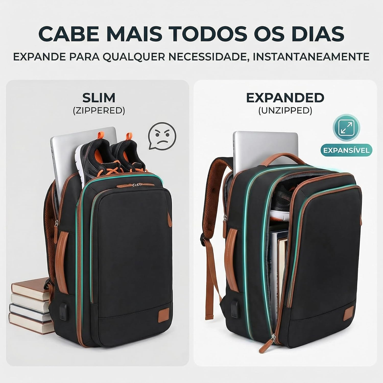 Mochila Grande para Notebook 15,6" Expansível e Impermeável | Mochila Executiva de Viagem Aprovada por Companhias Aéreas com Porta USB, Bolso para Líquidos, Mochila Escolar e de Trabalho - Imagem 2