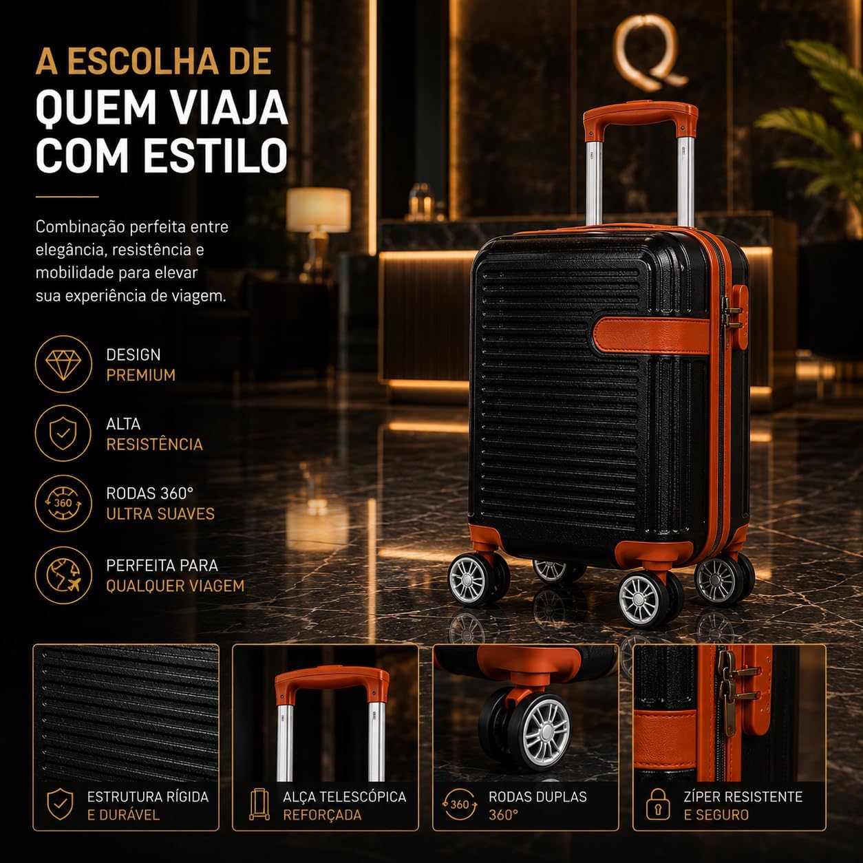 Mala de Viagem Pequena Bordo 360° Rígida com Rodinhas Giro Duplo e Cadeado Integrado, Leve, Resistente e Elegante para Avião e Viagens Curtas - Imagem 4