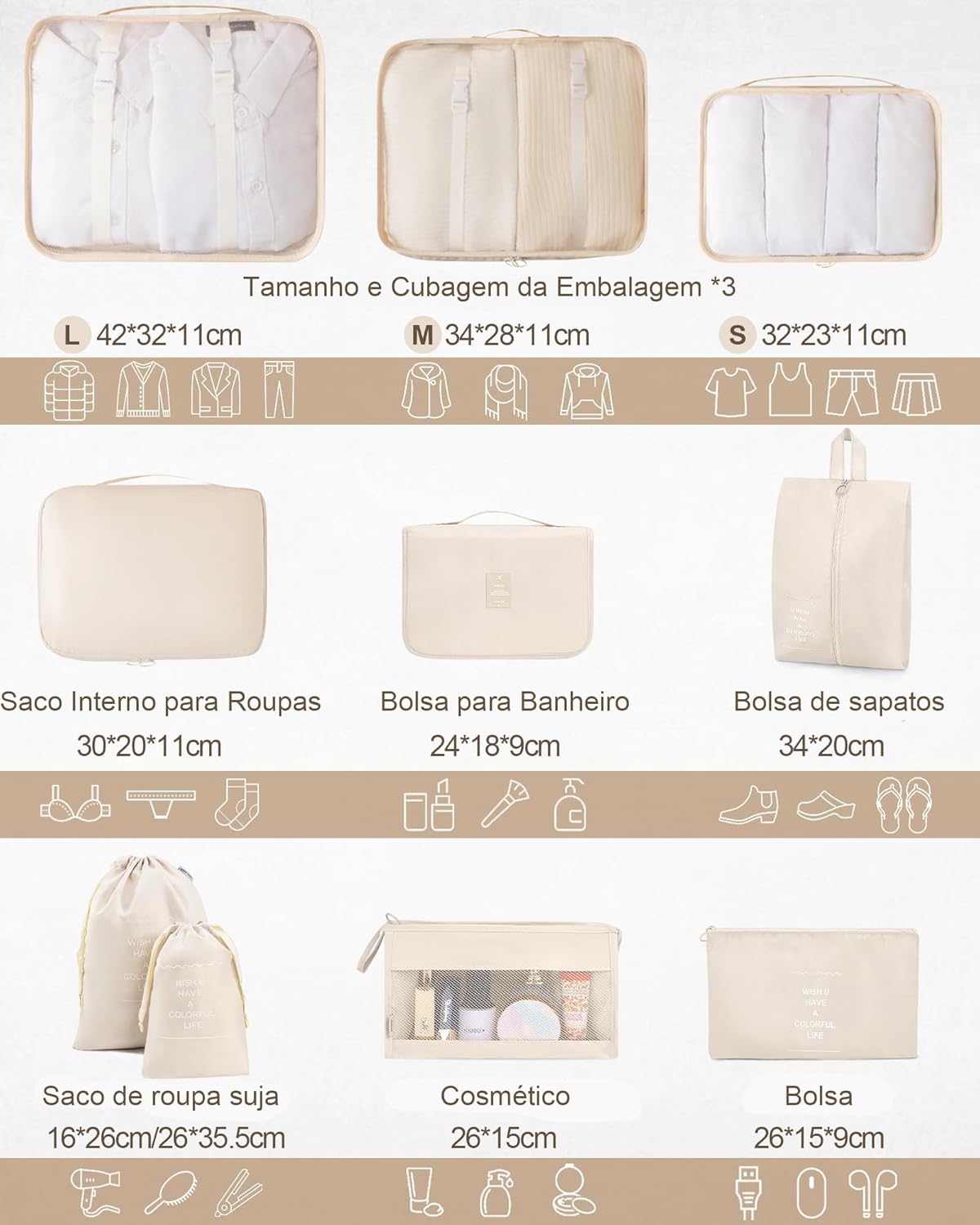 KIT 10 Necessaire Feminina Organizador de Malas para Viagem: Kit Completo de Organização - Inclui Bolsa Organizadora-Organizadores de Bagagem para Viagem-VANOVA (BEGE) - Imagem 2