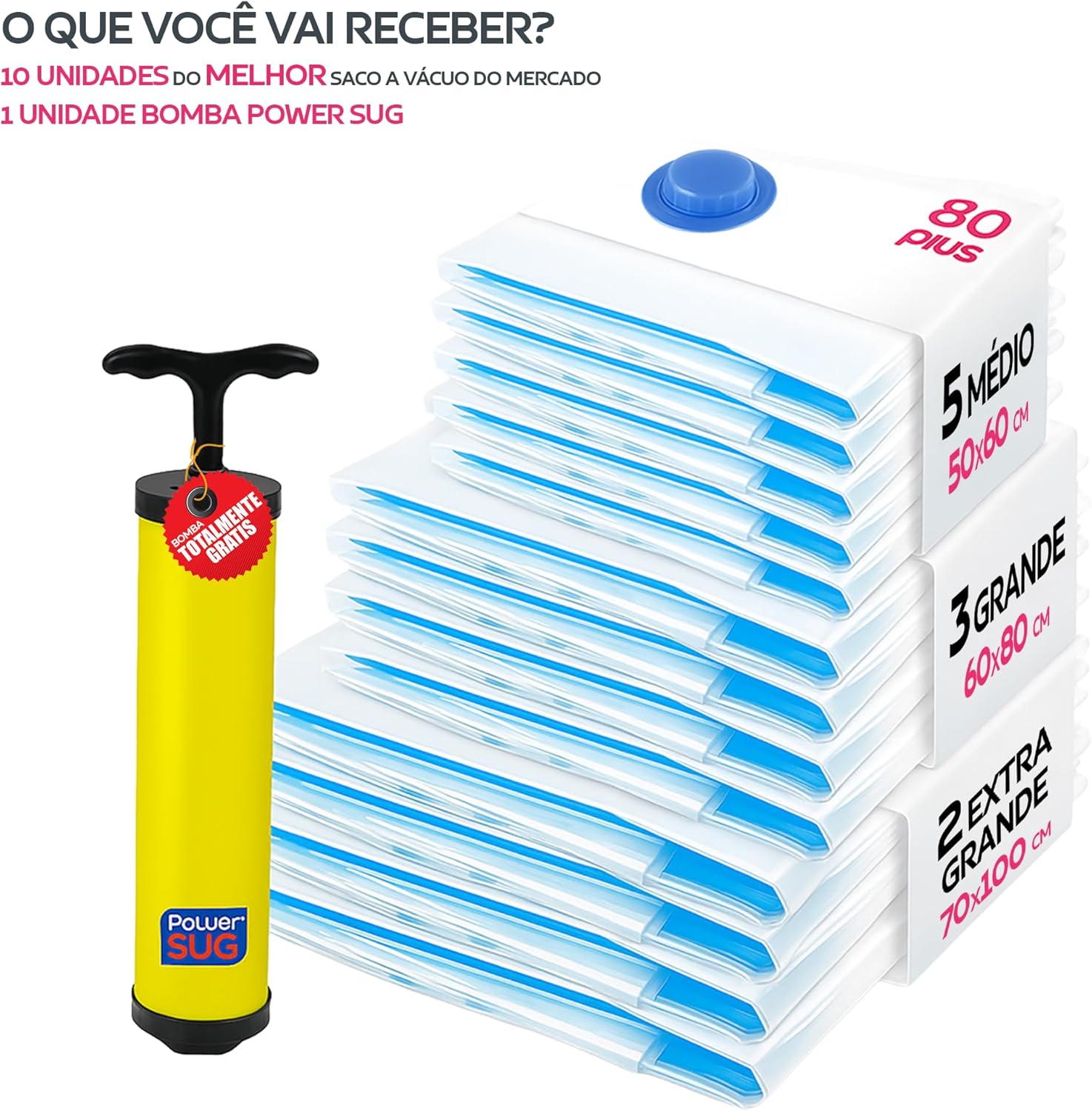 Saco a Vácuo Organizador 80 Plus 10 Unidades Kit Completo (5 M / 3 G / 2 XG) Bomba POWERSUG - Imagem 3