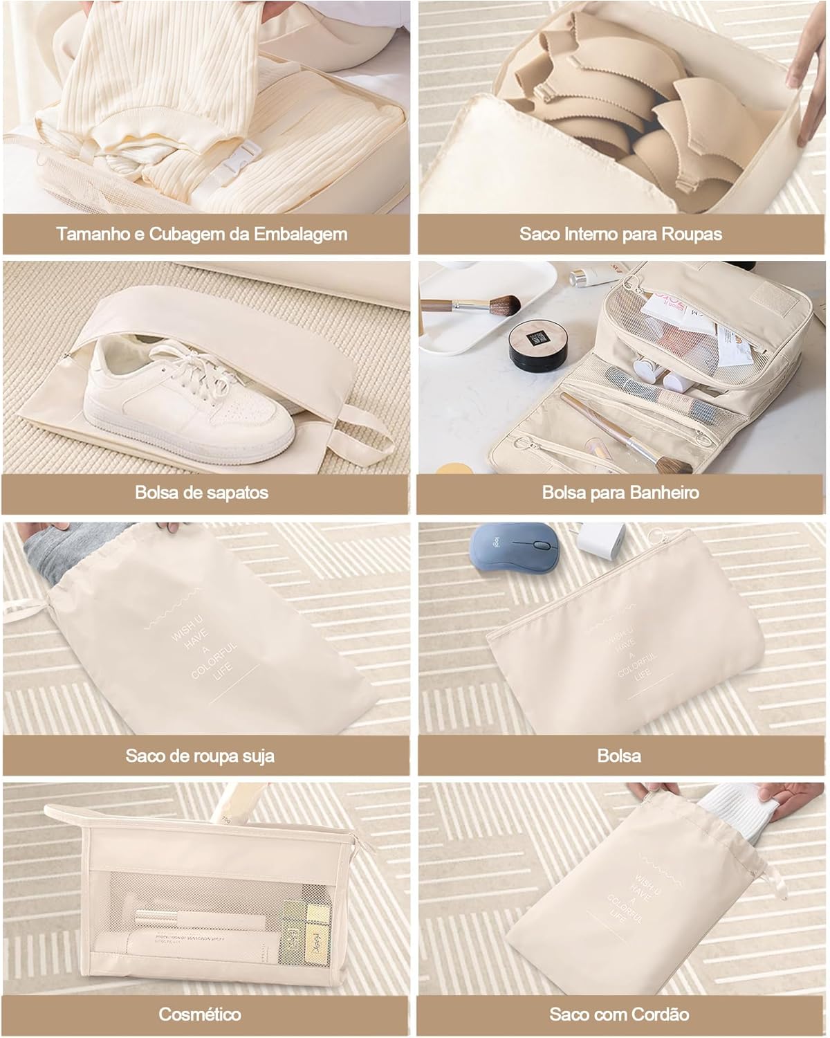 KIT 10 Necessaire Feminina Organizador de Malas para Viagem: Kit Completo de Organização - Inclui Bolsa Organizadora-Organizadores de Bagagem para Viagem-VANOVA (BEGE) - Imagem 7