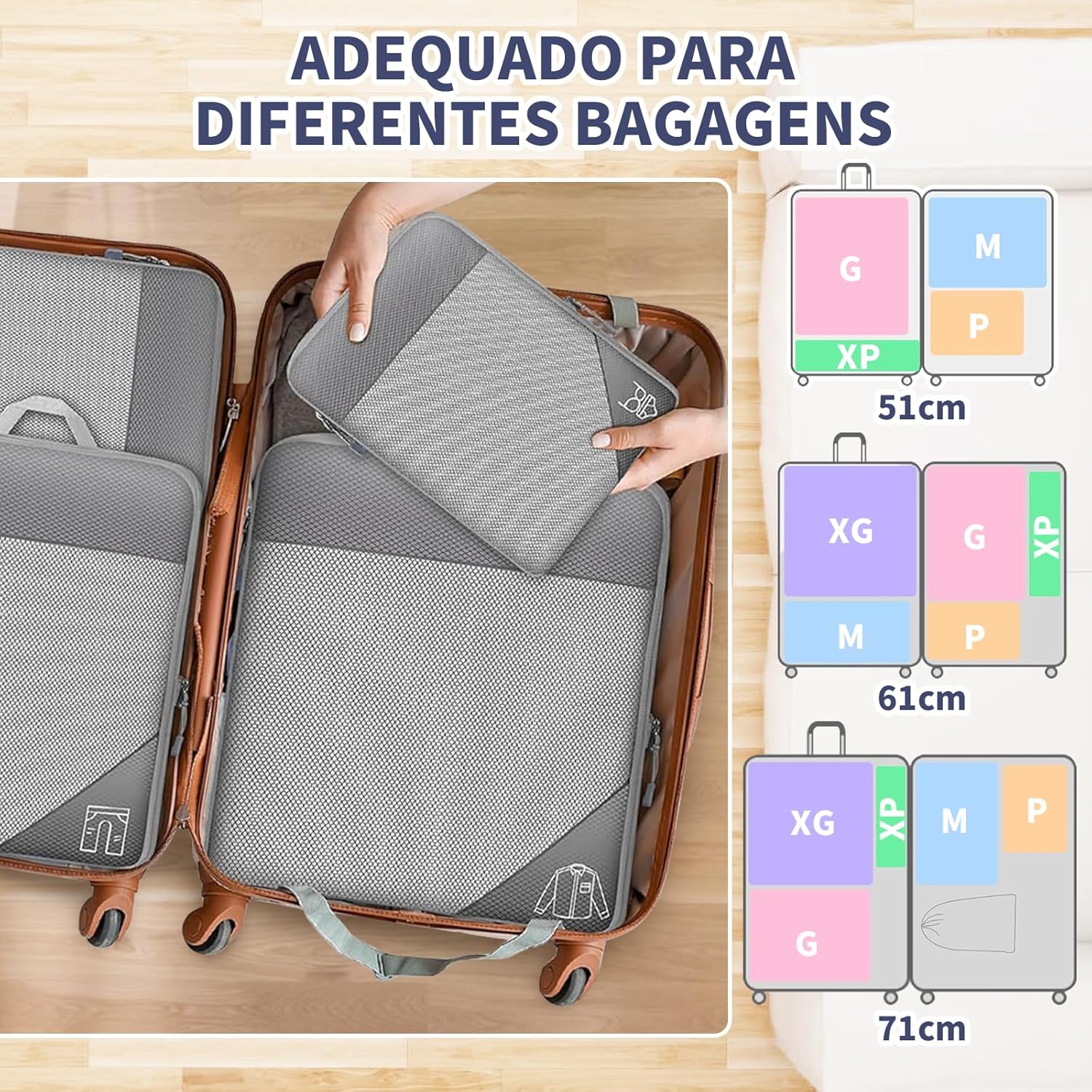 Kit 6 Organizador de Malas para Viagem, Organizador de Mala Comprimido Expansível, Organizadores de Mala em Malha, Viagens, Viagens de Negócios, Mudança de Casa (Cinza) - Imagem 5