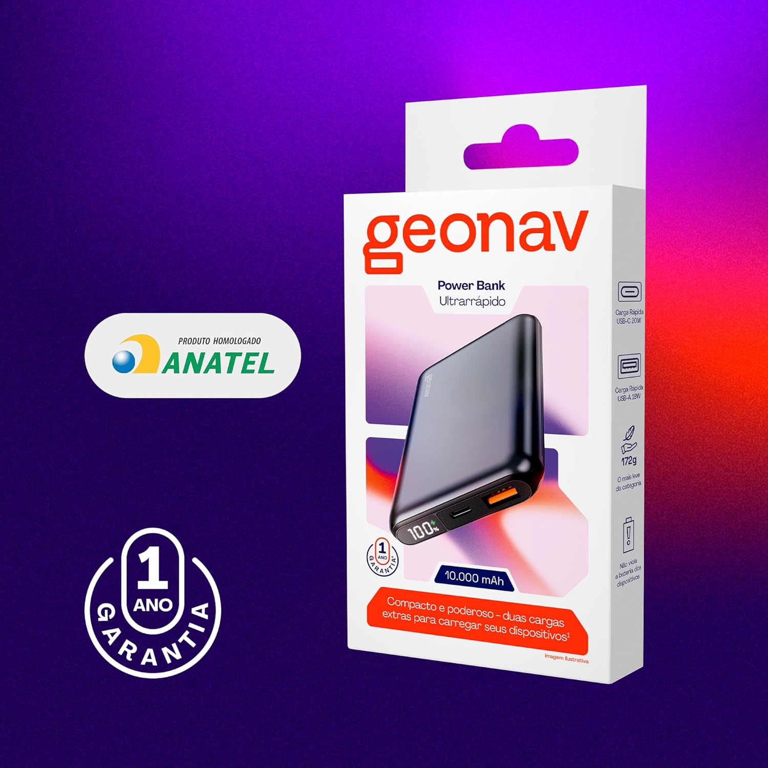 Geonav Power Bank, Carregador Portátil Universal 10.000mAh, USB-A (até 18W) + USB-C (até 20W), Compacto, Carregamento Rápido, Pass Through, Led Indicador de Bateria, PB10K20WSG, Cinza espacial - Imagem 6