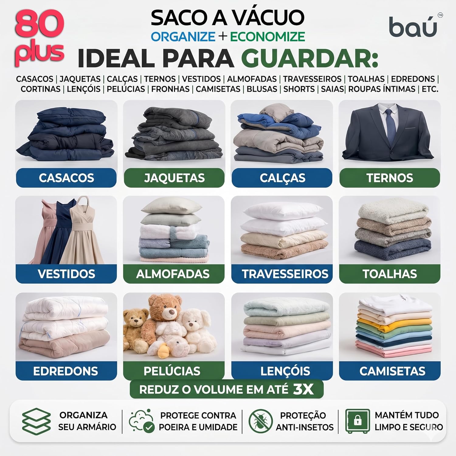 Saco a Vácuo Organizador 80 Plus 10 Unidades Kit Completo (5 M / 3 G / 2 XG) Bomba POWERSUG - Imagem 2