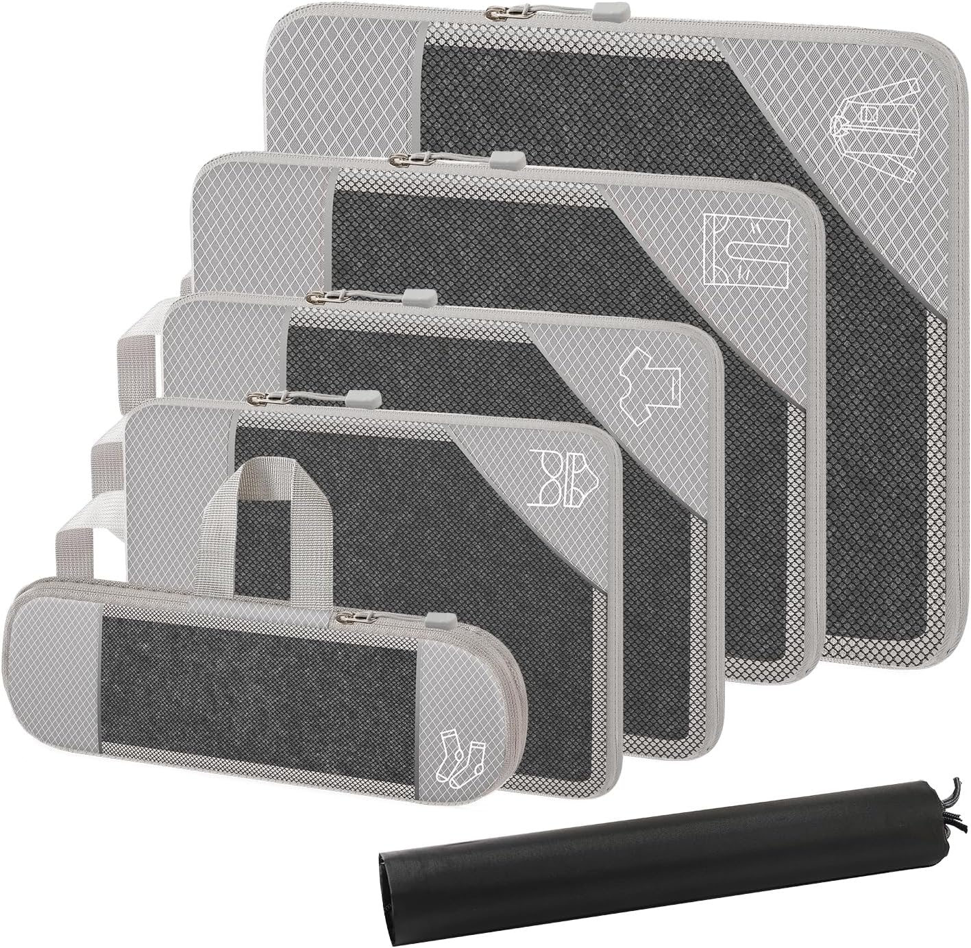 Kit 6 Organizador de Malas para Viagem, Organizador de Mala Comprimido Expansível, Organizadores de Mala em Malha, Viagens, Viagens de Negócios, Mudança de Casa (Cinza)