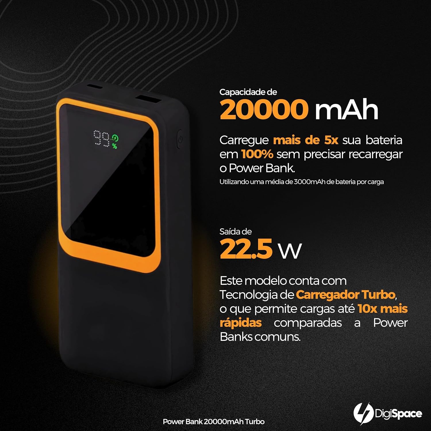 Carregador Portátil (Power Bank) 20000Mah Turbo 22.5w Carregamento Ultra Rápido PD Visor Led com 2 Saídas Compatível com Android e IOS (Preto) - Imagem 2