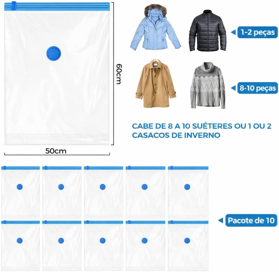 Kit 10 Sacos a Vácuo para Roupas com Bomba Manual 50x60cm – Saco Organizador a Vácuo para Viagem, Mala e Armazenamento, Economiza Espaço - Imagem 8