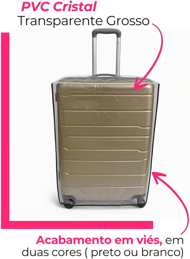 Capa Para Mala de Viagem Protege Contra Arranhões e Impacto Plástico Cristal Transparente Grosso P M G Fechamento com Velcro (Preta, P) - Imagem 5