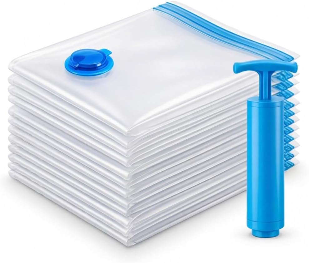 Kit 10 Sacos a Vácuo para Roupas com Bomba Manual 50x60cm – Saco Organizador a Vácuo para Viagem, Mala e Armazenamento, Economiza Espaço