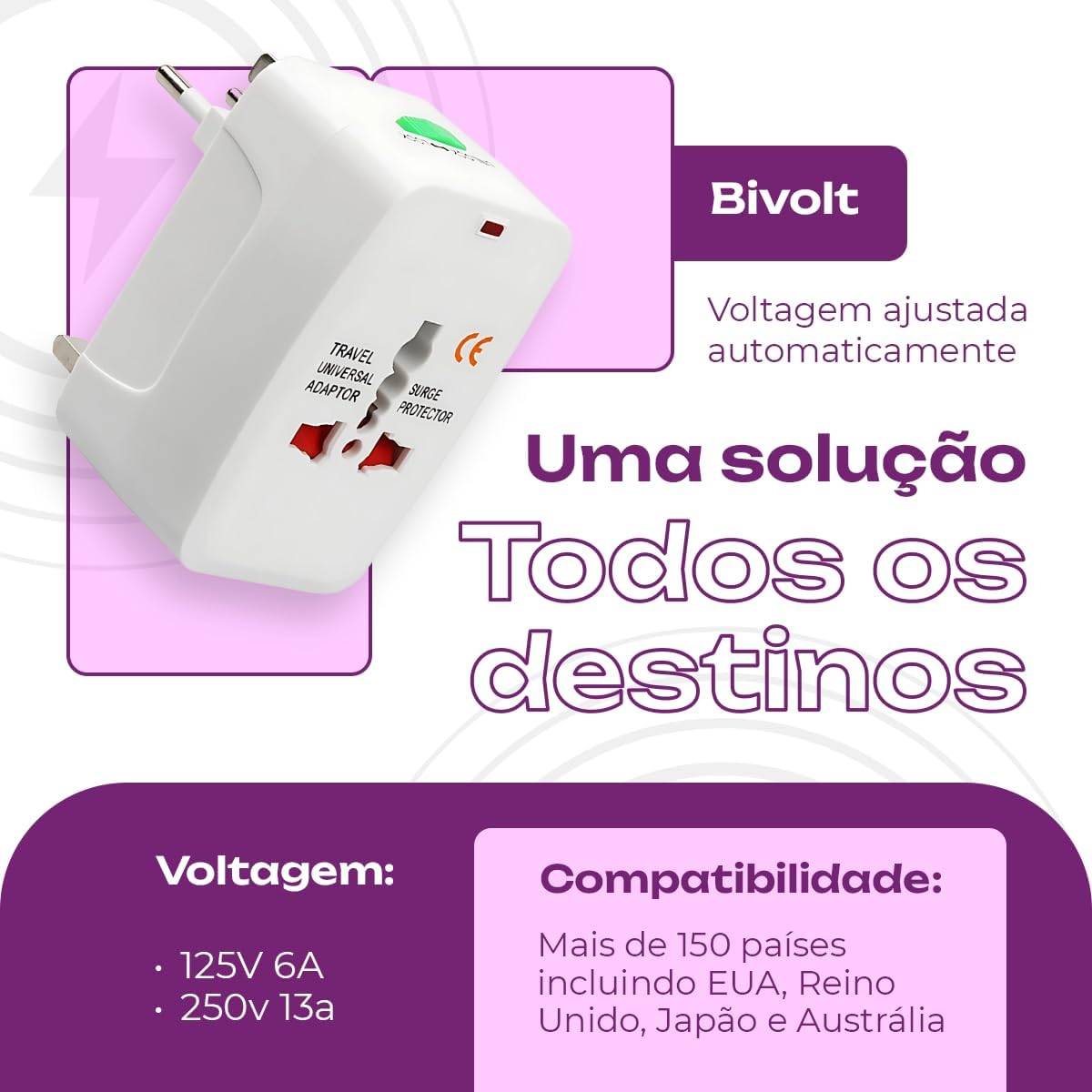 Kit 2 Adaptador Tomada Universal EUA Acessórios para Viagem Europa Americana para Brasileira Viagem Internacional Bivolt Compatível Com Estados Unidos Europa Inglaterra Padrão Internacional - Imagem 3