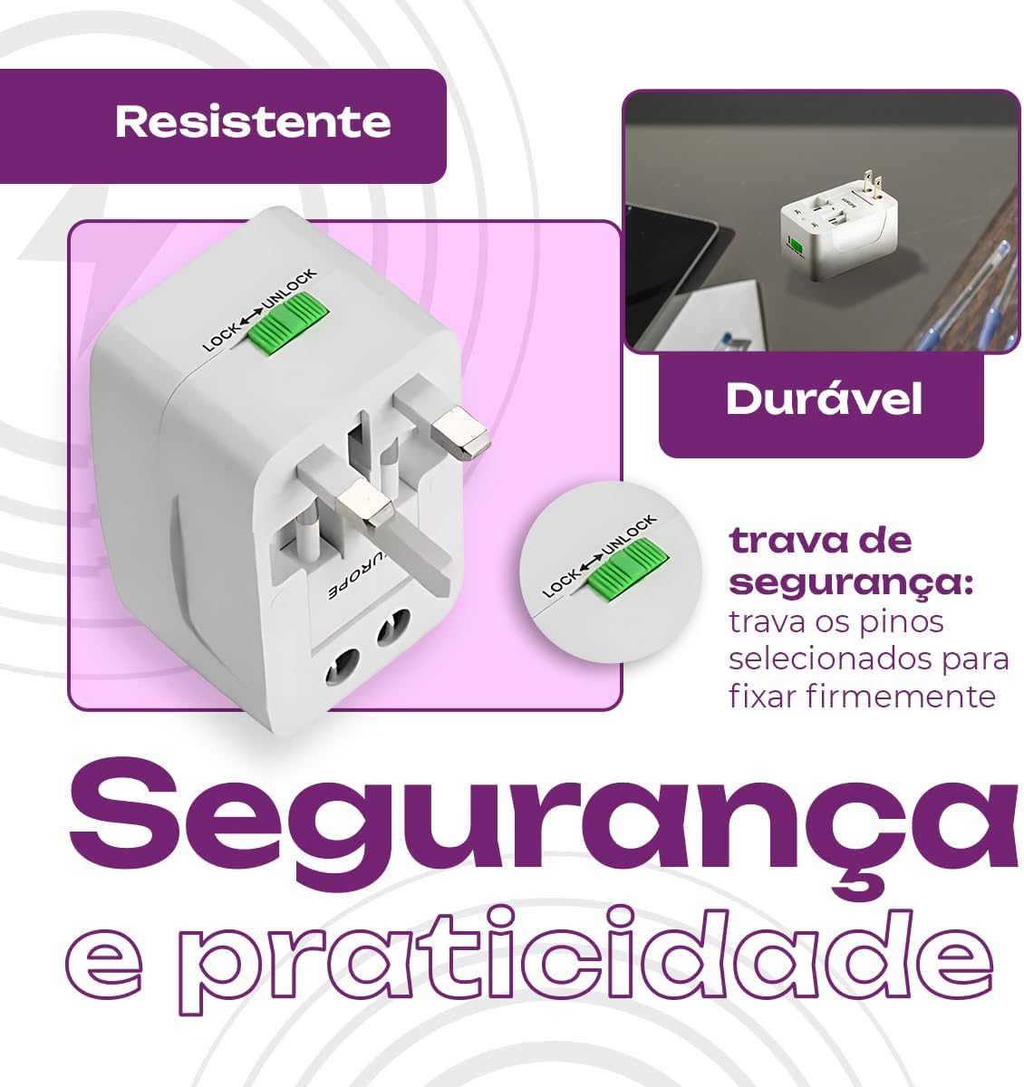 Kit 2 Adaptador Tomada Universal EUA Acessórios para Viagem Europa Americana para Brasileira Viagem Internacional Bivolt Compatível Com Estados Unidos Europa Inglaterra Padrão Internacional - Imagem 4