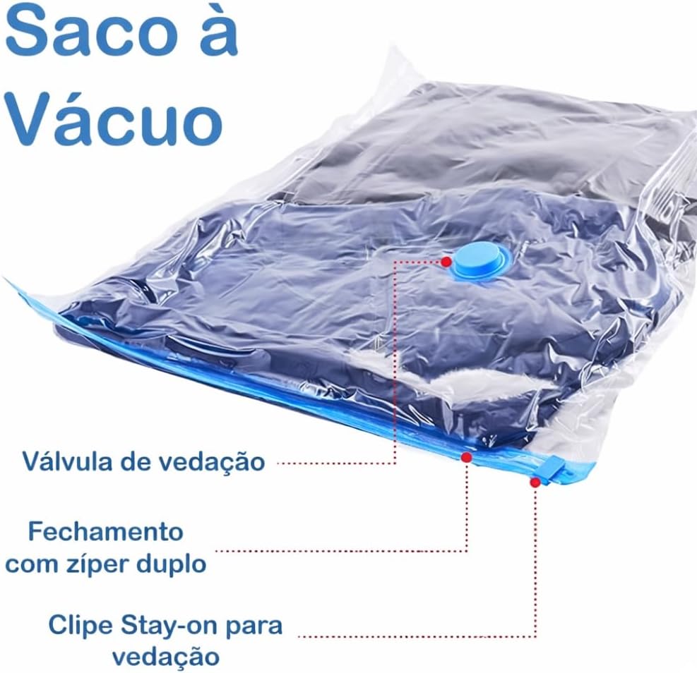 Kit 10 Sacos a Vácuo para Roupas com Bomba Manual 50x60cm – Saco Organizador a Vácuo para Viagem, Mala e Armazenamento, Economiza Espaço - Imagem 7