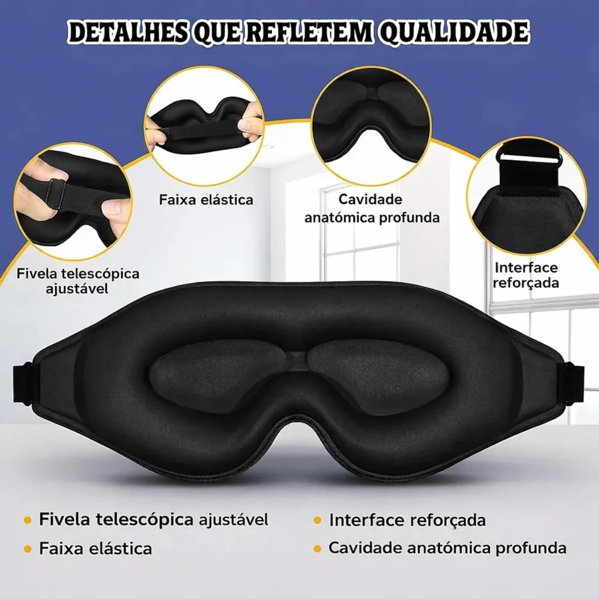 Máscara De Dormir 3D Premium 100% Blackout Tapa Olho Confortável Melhora A Qualidade Do Sono Ajuda A Reduzir Estresse E Ansiedade (Preto + Protetor Auricular) - Imagem 5