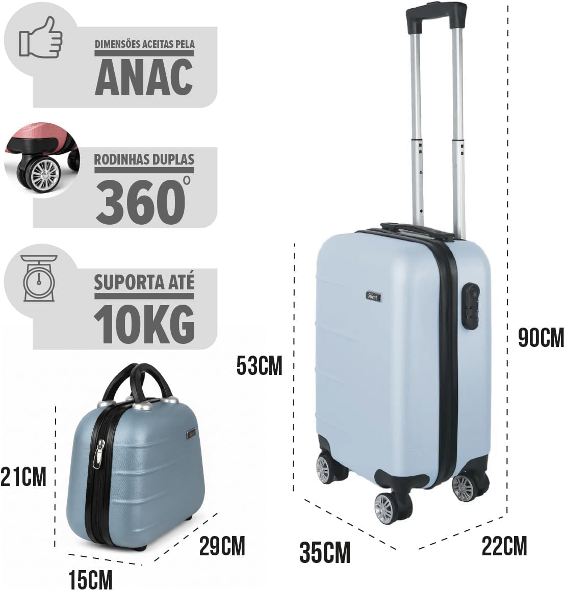 Kit Mala de Bordo Silent Ipanema + Frasqueira - Padrão ANAC | Rígida em ABS | 4 Rodas Duplas 360° | Cadeado Numérico Integrado | Leve e Resistente (Azul Candy) - Imagem 3