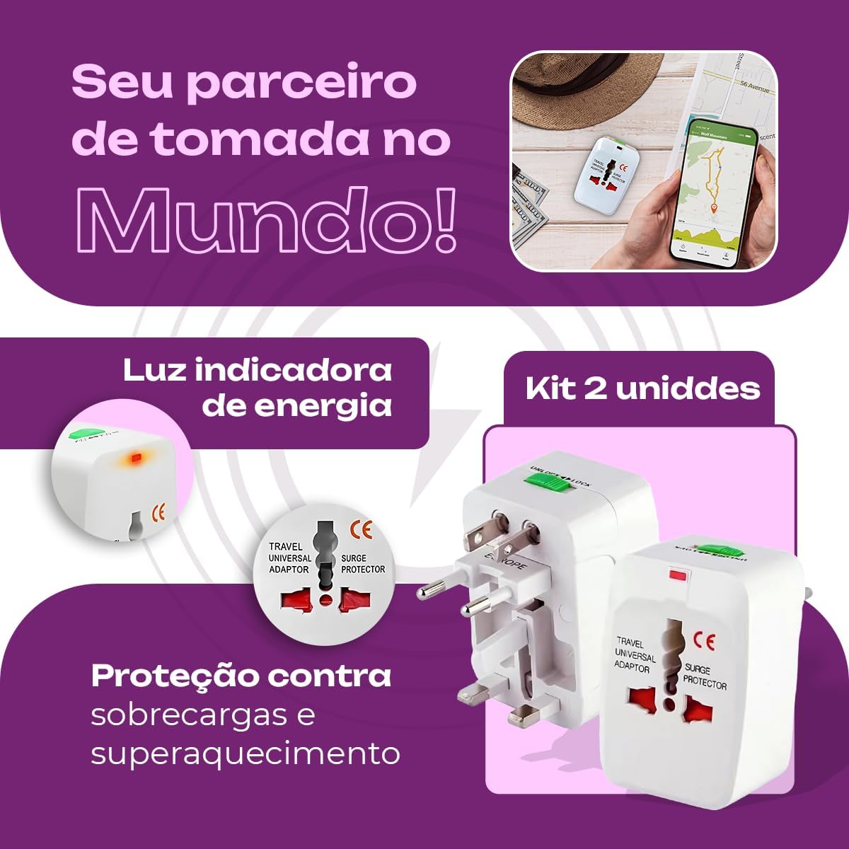 Kit 2 Adaptador Tomada Universal EUA Acessórios para Viagem Europa Americana para Brasileira Viagem Internacional Bivolt Compatível Com Estados Unidos Europa Inglaterra Padrão Internacional - Imagem 2