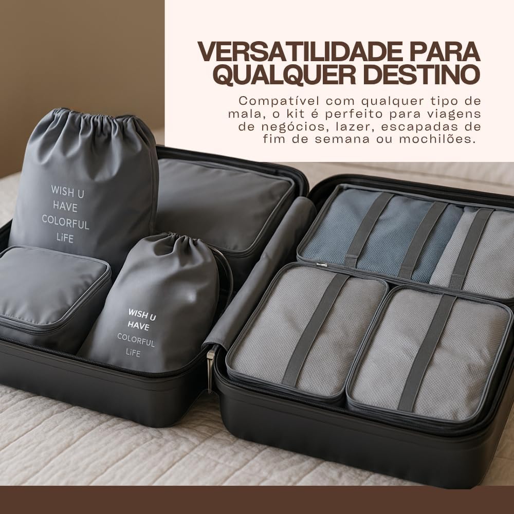 Kit Organizador de Malas para Viagem 7 Peças Bolsas Necessaire Sapatos Maquiagem Roupas Bagagem Organizada Conjunto Organizador Completo Premium (Cinza) - Imagem 2