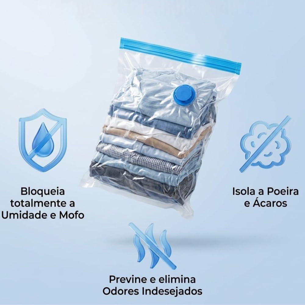 Kit 10 Sacos a Vácuo para Roupas com Bomba Manual 50x60cm – Saco Organizador a Vácuo para Viagem, Mala e Armazenamento, Economiza Espaço - Imagem 3
