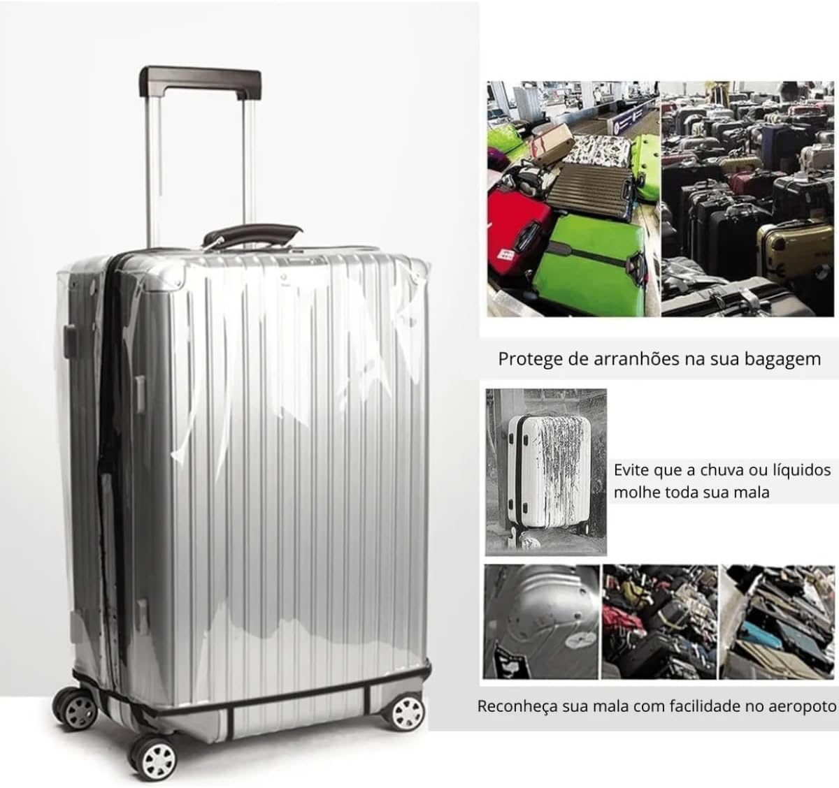 Capa Para Mala de Viagem Protege Contra Arranhões e Impacto Plástico Cristal Transparente Grosso P M G Fechamento com Velcro (Preta, P) - Imagem 6