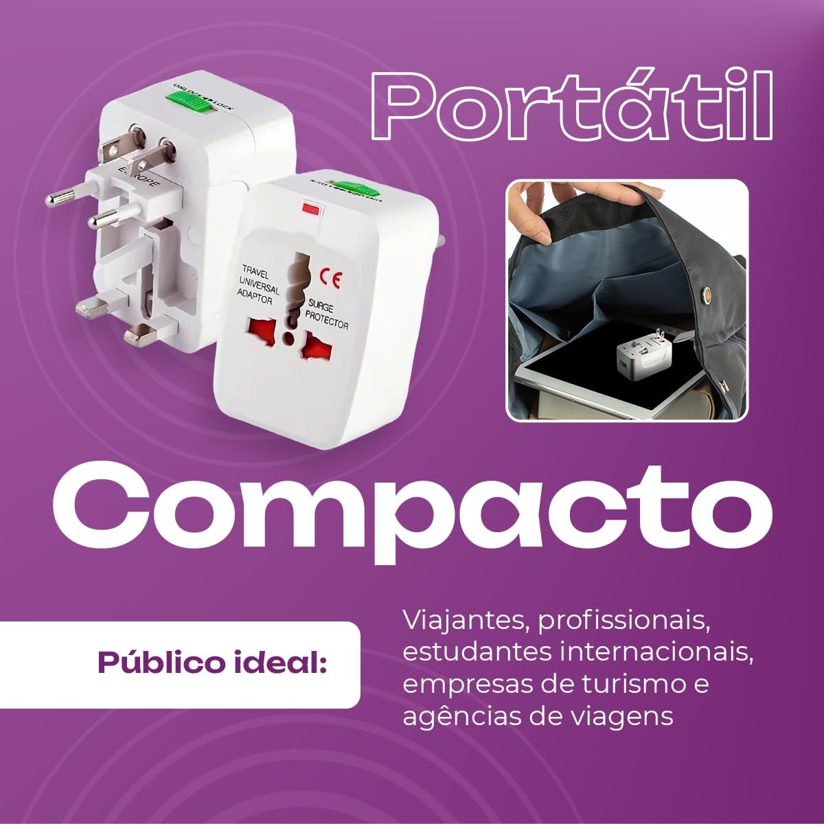 Kit 2 Adaptador Tomada Universal EUA Acessórios para Viagem Europa Americana para Brasileira Viagem Internacional Bivolt Compatível Com Estados Unidos Europa Inglaterra Padrão Internacional - Imagem 6