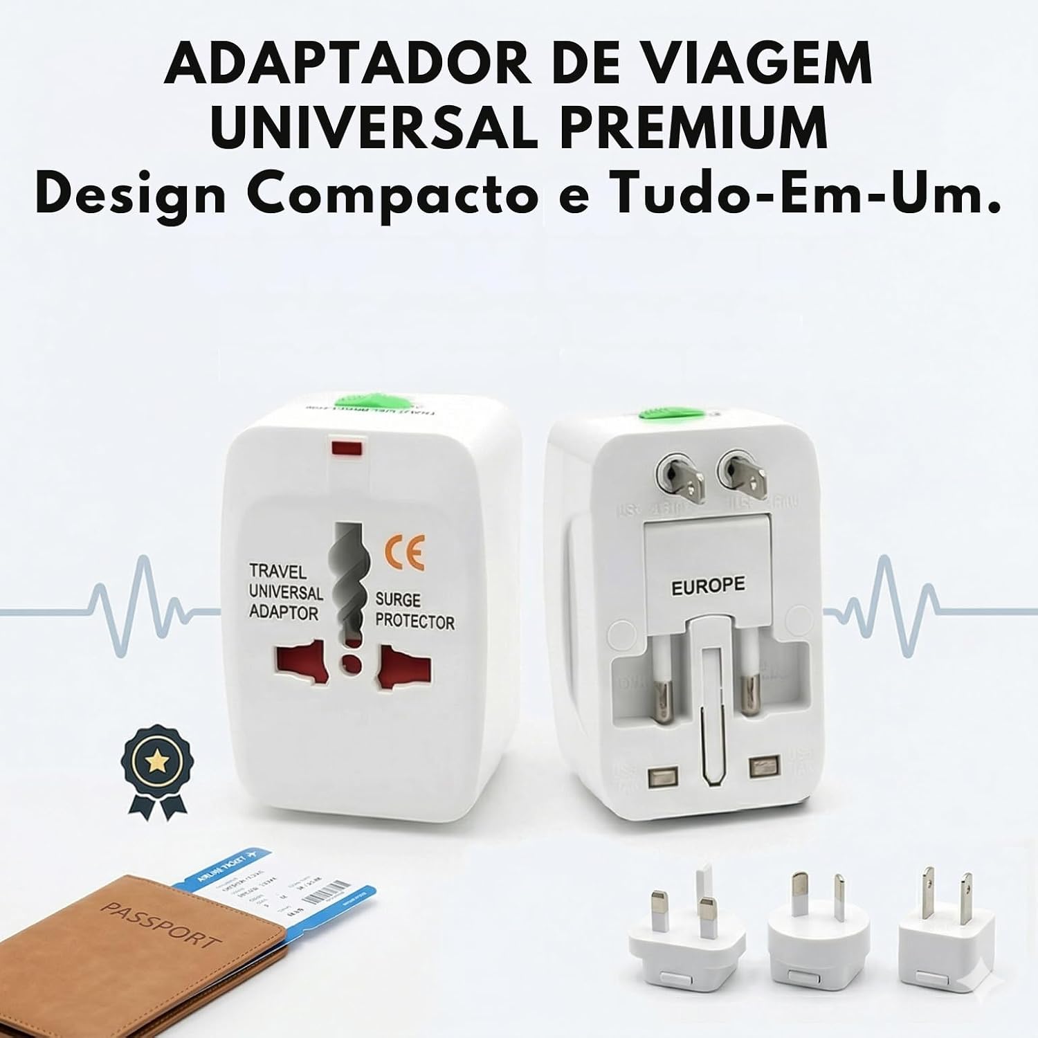 Adaptador Universal de Tomada para Viagem – Padrão Internacional, Compatível com Europa, EUA, UK, Ásia e Mais de 150 Países, Bivolt, 3 Pinos, Portátil, Ajustável e com Trava de Segurança Premium