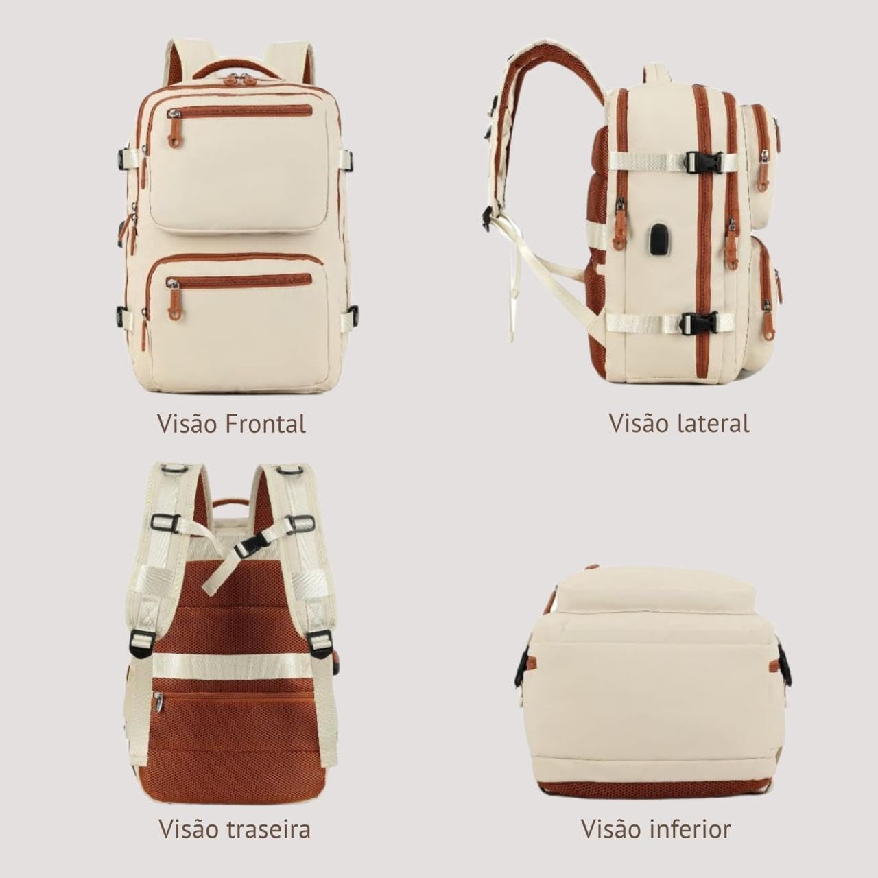 Mochila de Viagem Masculina Feminina Reforçada Executiva Grande Mochila para Notebook Trabalho, Viagem, Faculdade e Escola - Antifurto, Saídas USB e Fone, Alça de Aço, Impermeável + Capa para Tênis - Imagem 3
