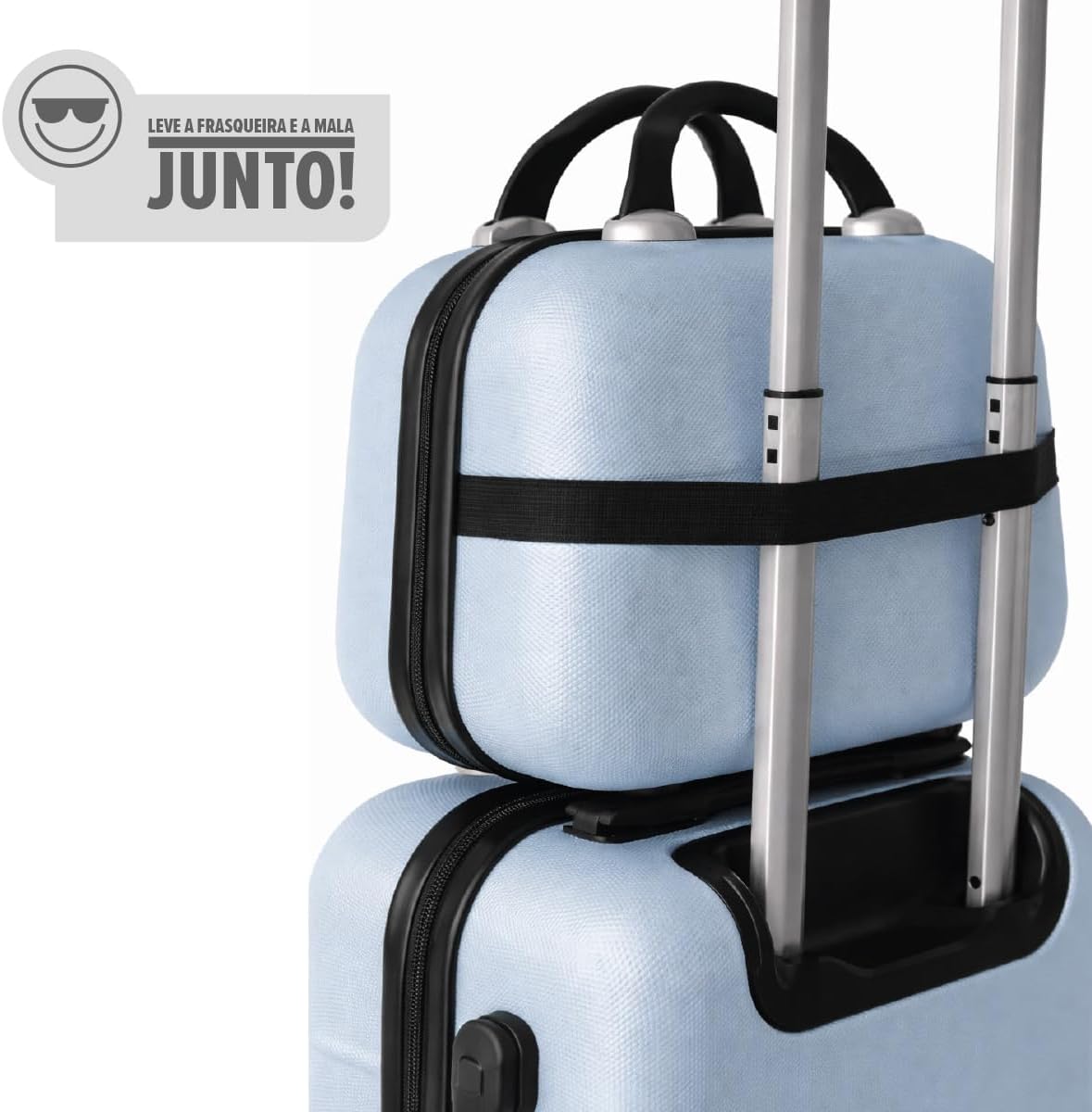 Kit Mala de Bordo Silent Ipanema + Frasqueira - Padrão ANAC | Rígida em ABS | 4 Rodas Duplas 360° | Cadeado Numérico Integrado | Leve e Resistente (Azul Candy) - Imagem 4