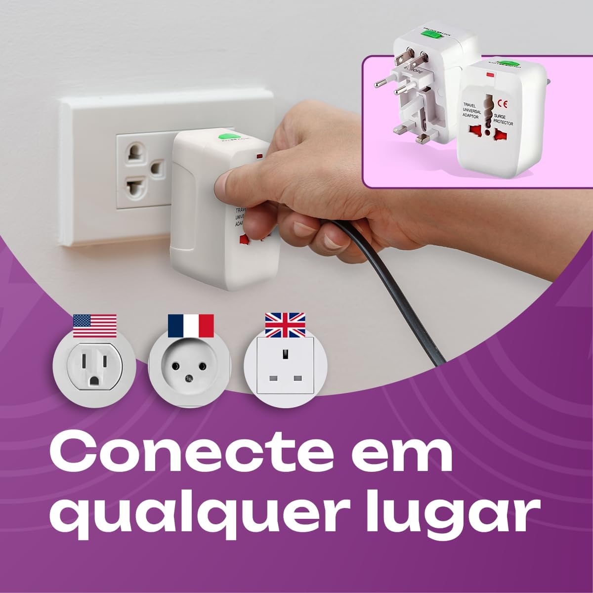 Kit 2 Adaptador Tomada Universal EUA Acessórios para Viagem Europa Americana para Brasileira Viagem Internacional Bivolt Compatível Com Estados Unidos Europa Inglaterra Padrão Internacional - Imagem 7