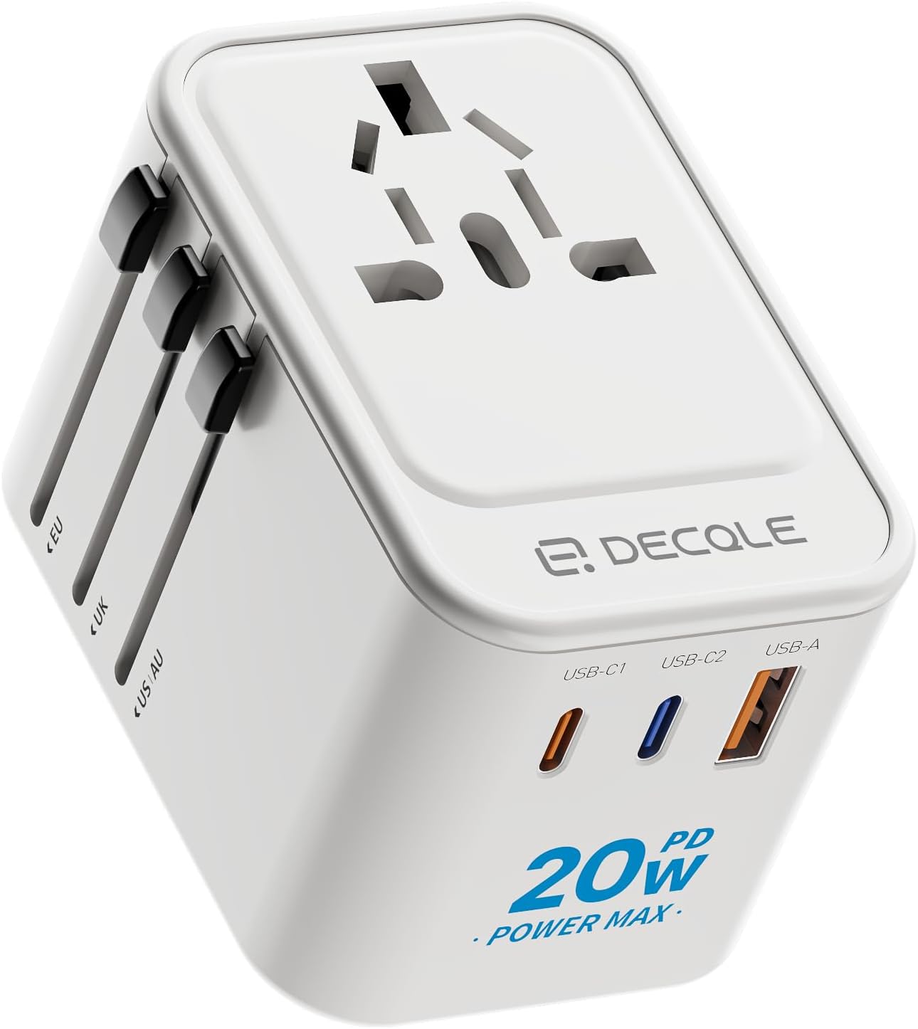 Adaptador Universal de Tomada com 2 USB-C (PD 20W) e 1 USB-A, para UE, Reino Unido, EUA, Canadá, Austrália e 224 países (Branco)