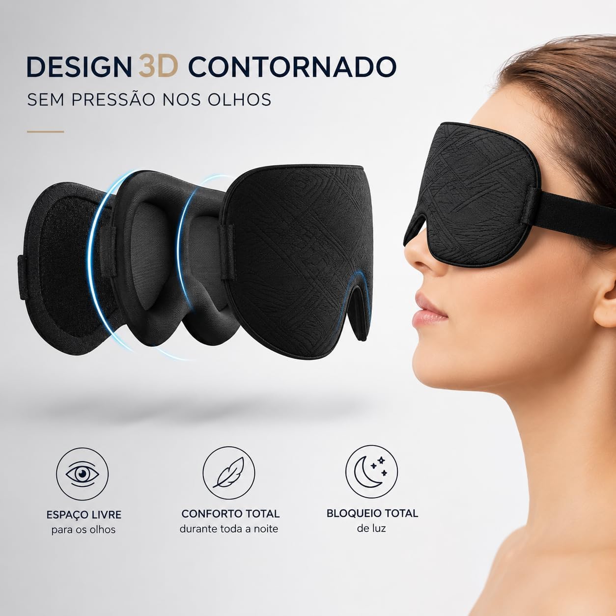 Máscara de Dormir Luxuosa 3D Unissex - Perfeita para Quem Dorme de Lado, Design Ergonômico Patenteado 100% Sem Pressão & Bloqueio Total de Luz, Tapa Olho com Alça Ajustável Fácil, para Viagens e Uso Doméstico, Cobertor Ocular Noturno(Preto) - Imagem 2