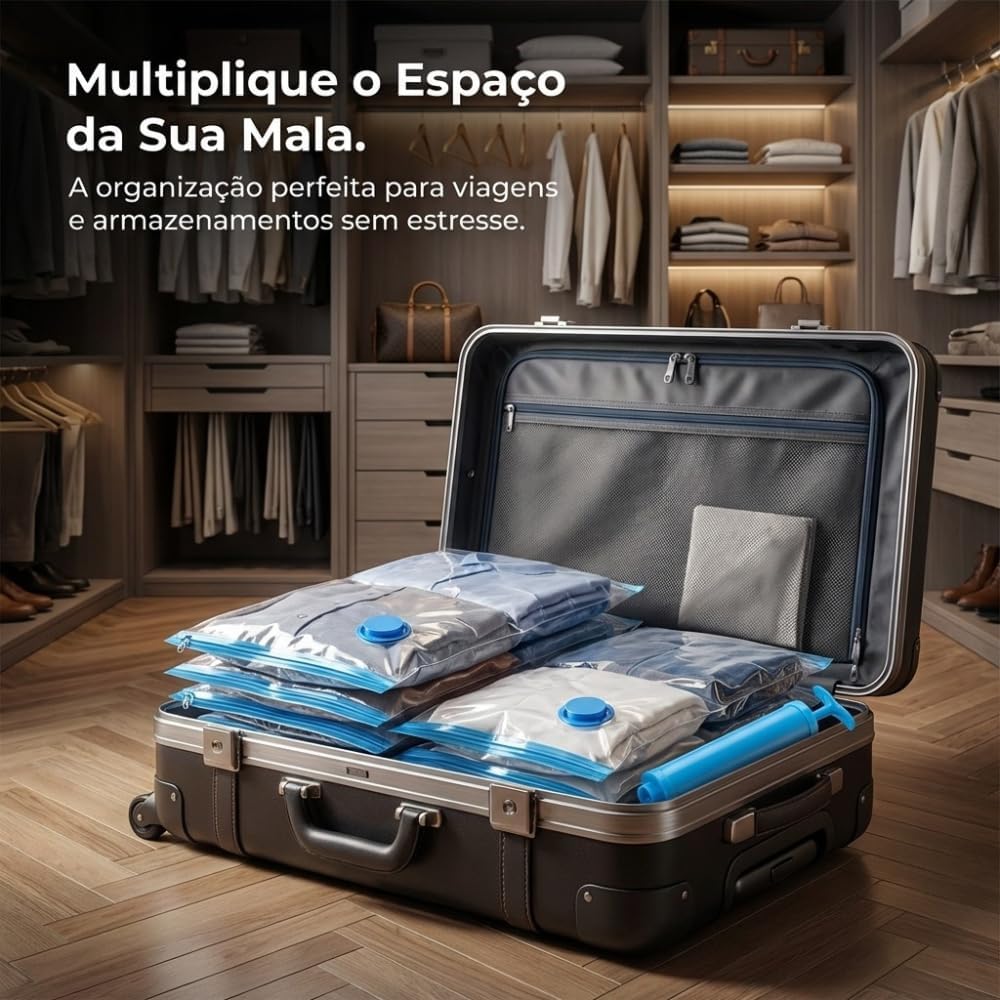 Kit 10 Sacos a Vácuo para Roupas com Bomba Manual 50x60cm – Saco Organizador a Vácuo para Viagem, Mala e Armazenamento, Economiza Espaço - Imagem 4