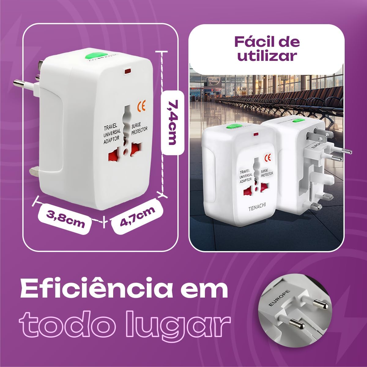 Kit 2 Adaptador Tomada Universal EUA Acessórios para Viagem Europa Americana para Brasileira Viagem Internacional Bivolt Compatível Com Estados Unidos Europa Inglaterra Padrão Internacional - Imagem 5