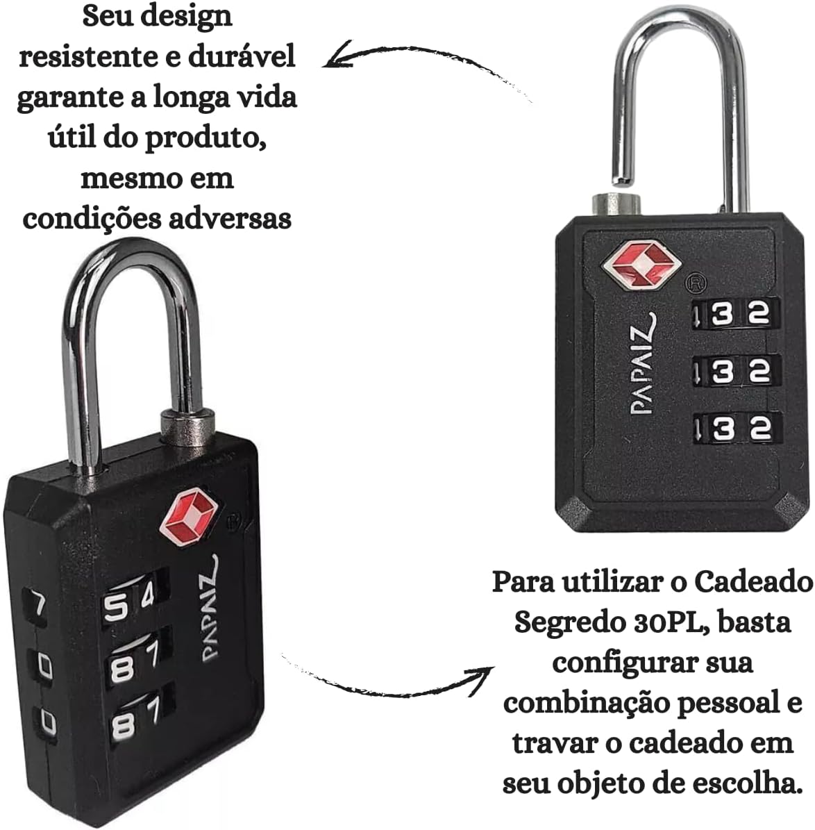 Cadeado Com Segredo Numérico 3 Dígitos Tsa Zamac 30pl Papaiz (Preto) - Imagem 2
