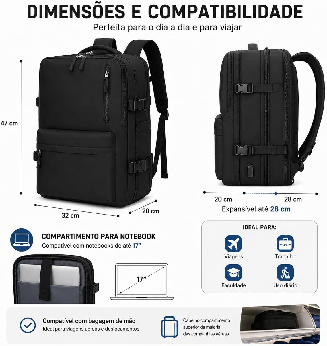 Mochila de Viagem Expansível Impermeável 40L, Compartimento para Notebook até 17”, Bagagem de Mão, Antifurto, USB Externa, Ideal para Avião, Trabalho e Viagens Curtas - Imagem 5
