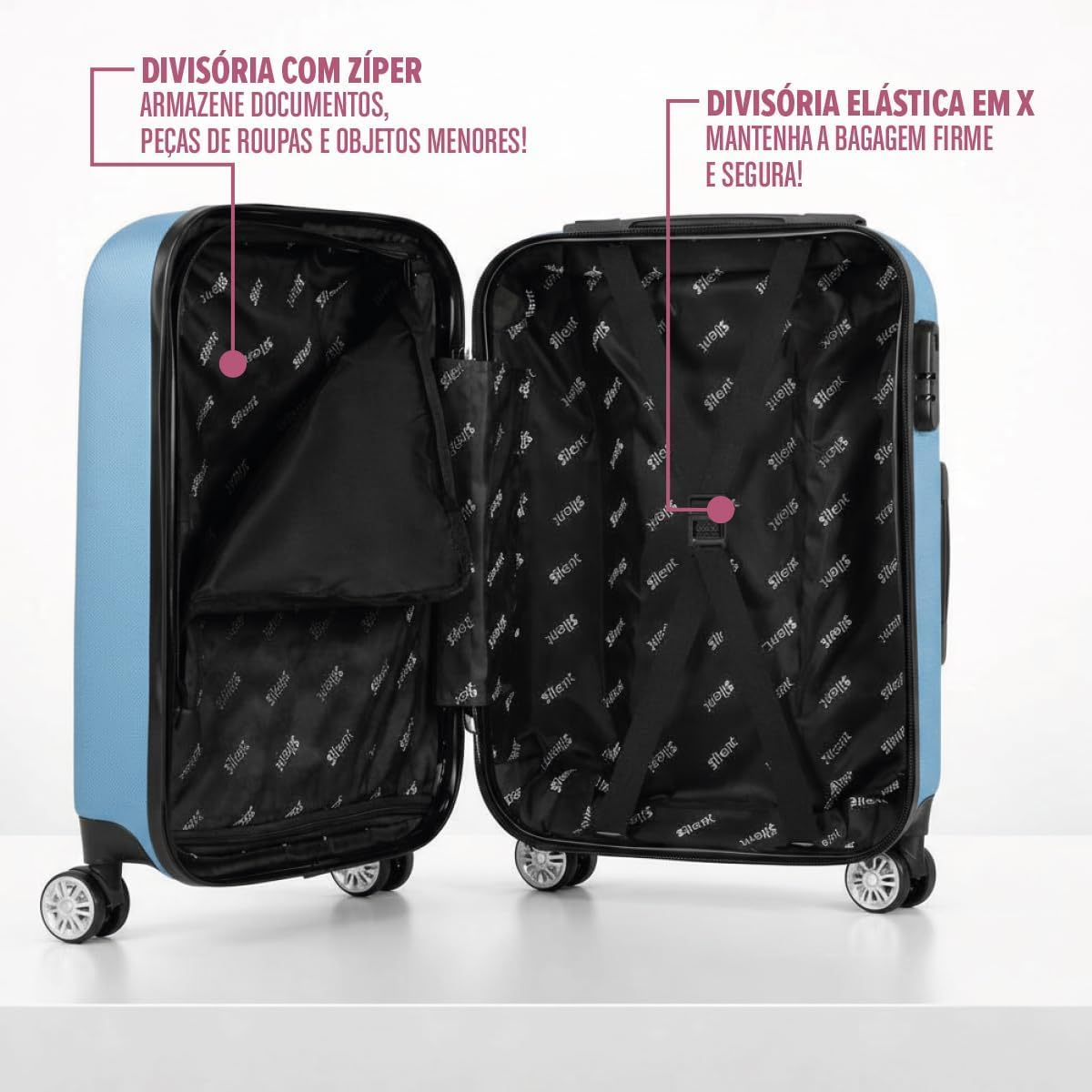 Kit Mala de Bordo Silent Ipanema + Frasqueira - Padrão ANAC | Rígida em ABS | 4 Rodas Duplas 360° | Cadeado Numérico Integrado | Leve e Resistente (Azul Candy) - Imagem 2