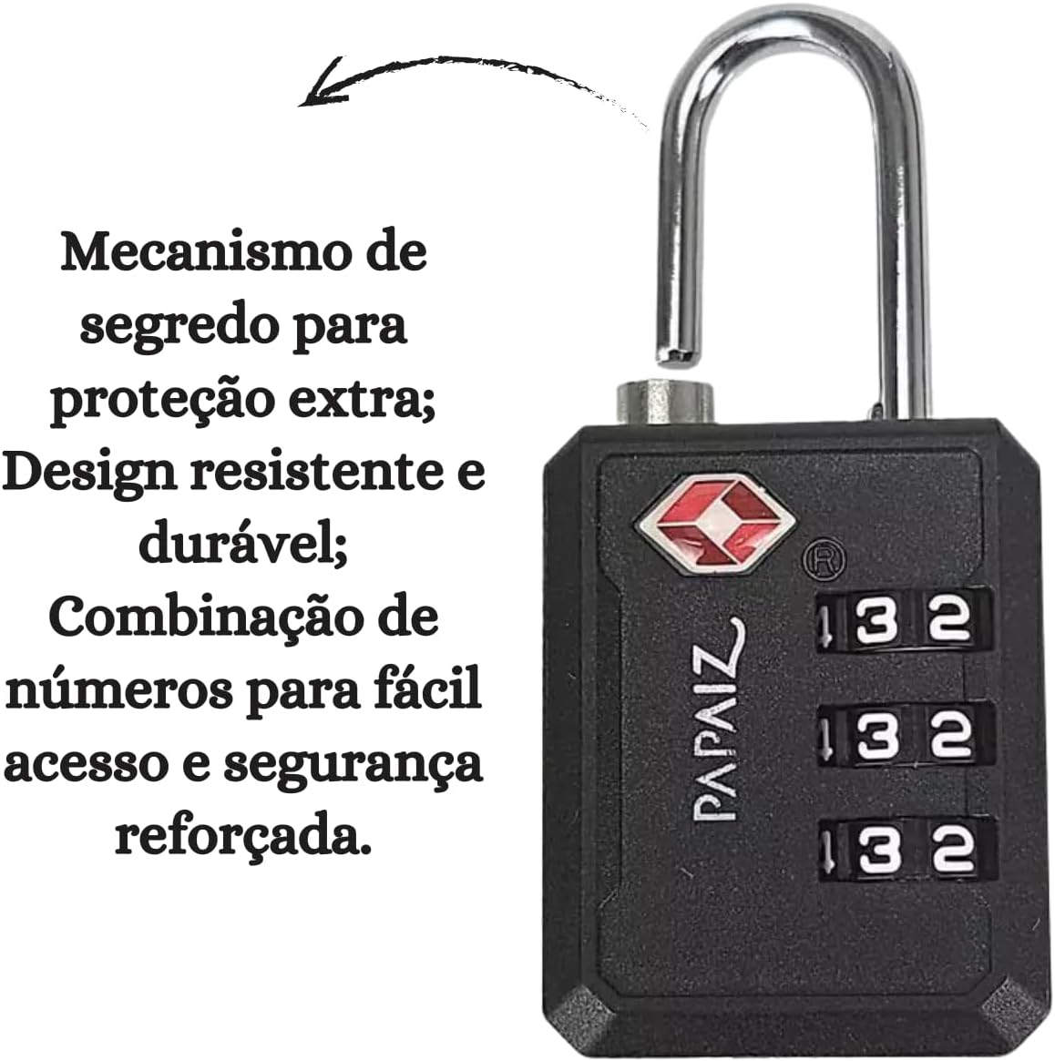 Cadeado Com Segredo Numérico 3 Dígitos Tsa Zamac 30pl Papaiz (Preto) - Imagem 4
