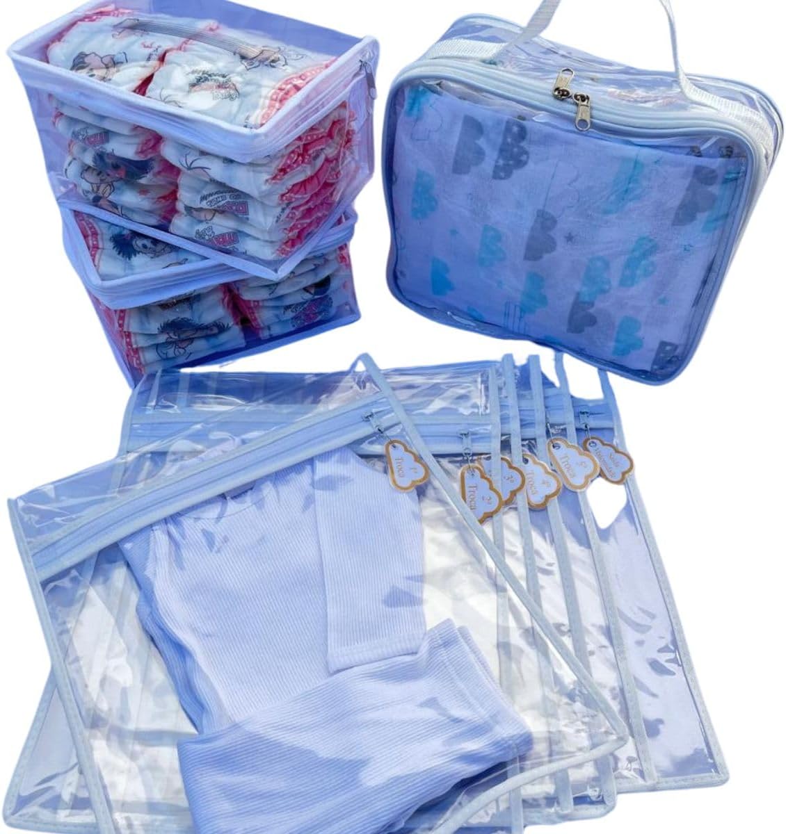 Kit 6 Saquinhos Bebe Organizador Mala Maternidade TAG + 3 Nécessaires Porta Fraldas Remédio Higiene. (Branco)