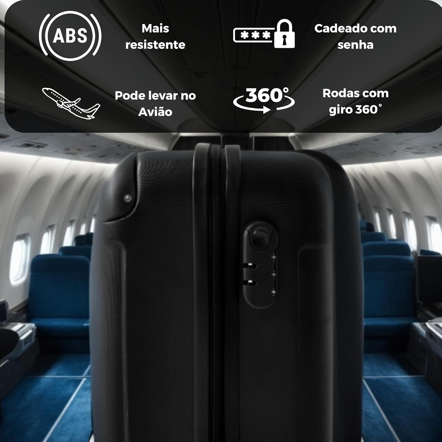 Mala de Bordo ABS Falcon Line SF24 (Preta) | Bagagem de Mão Dimensões Padrão ANAC até 10kg, 4 Rodinhas 360°, Cadeado com Senha | Mala de viagem 10 kg, Divisória Interna com Zíper e Elástico de Fixação - Imagem 3