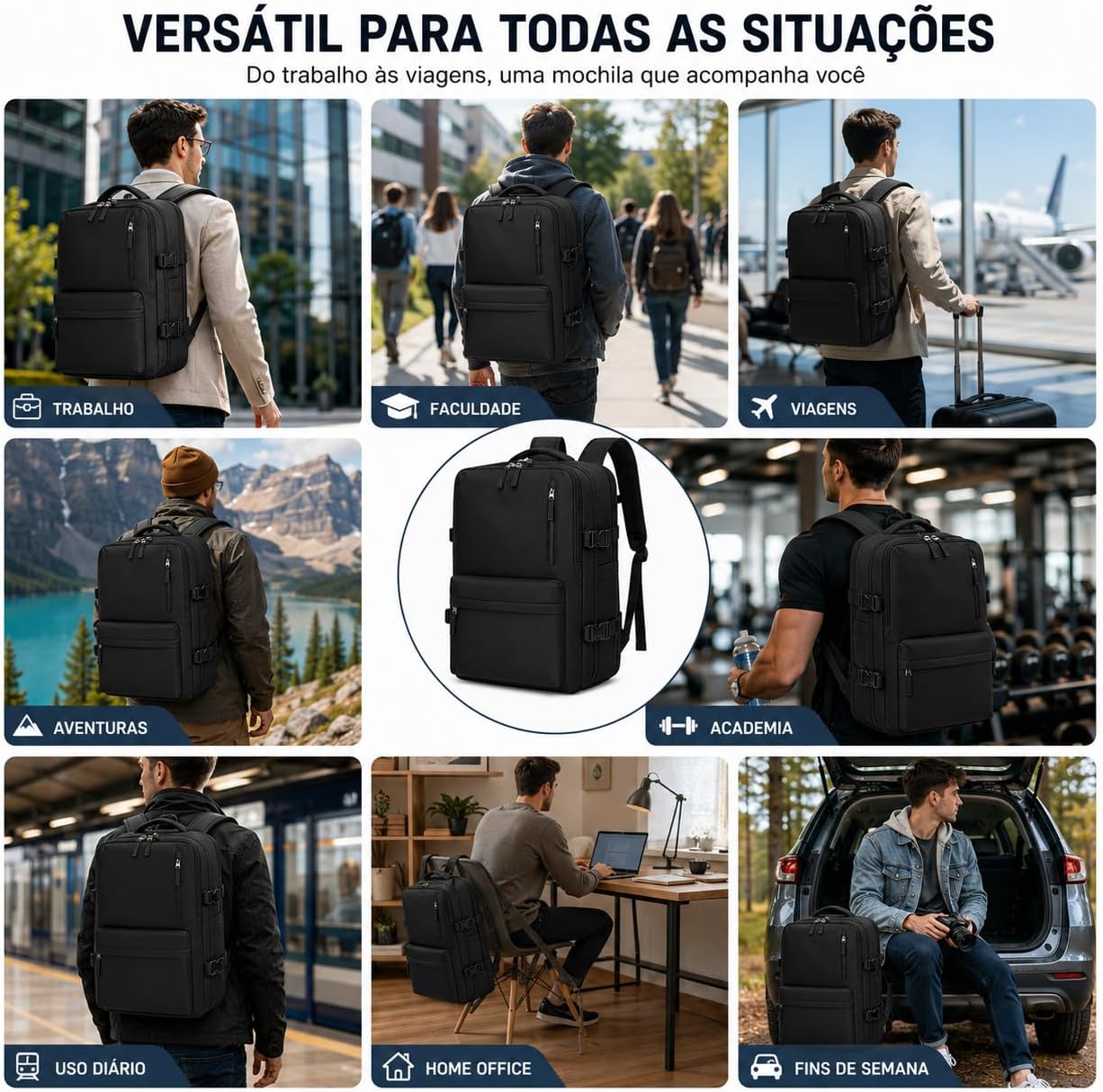 Mochila de Viagem Expansível Impermeável 40L, Compartimento para Notebook até 17”, Bagagem de Mão, Antifurto, USB Externa, Ideal para Avião, Trabalho e Viagens Curtas - Imagem 6