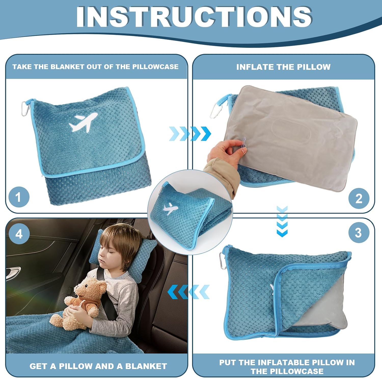 Cobertor de viagem compacto de avião com bolsa, cobertor de avião embalável 3 em 1 essenciais de viagem, travesseiro e cobertor de viagem, travesseiro inflável, manga de bagagem e clipe de - Imagem 6