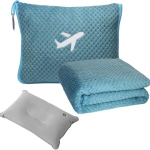 Cobertor de viagem compacto de avião com bolsa, cobertor de avião embalável 3 em 1 essenciais de viagem, travesseiro e cobertor de viagem, travesseiro inflável, manga de bagagem e clipe de