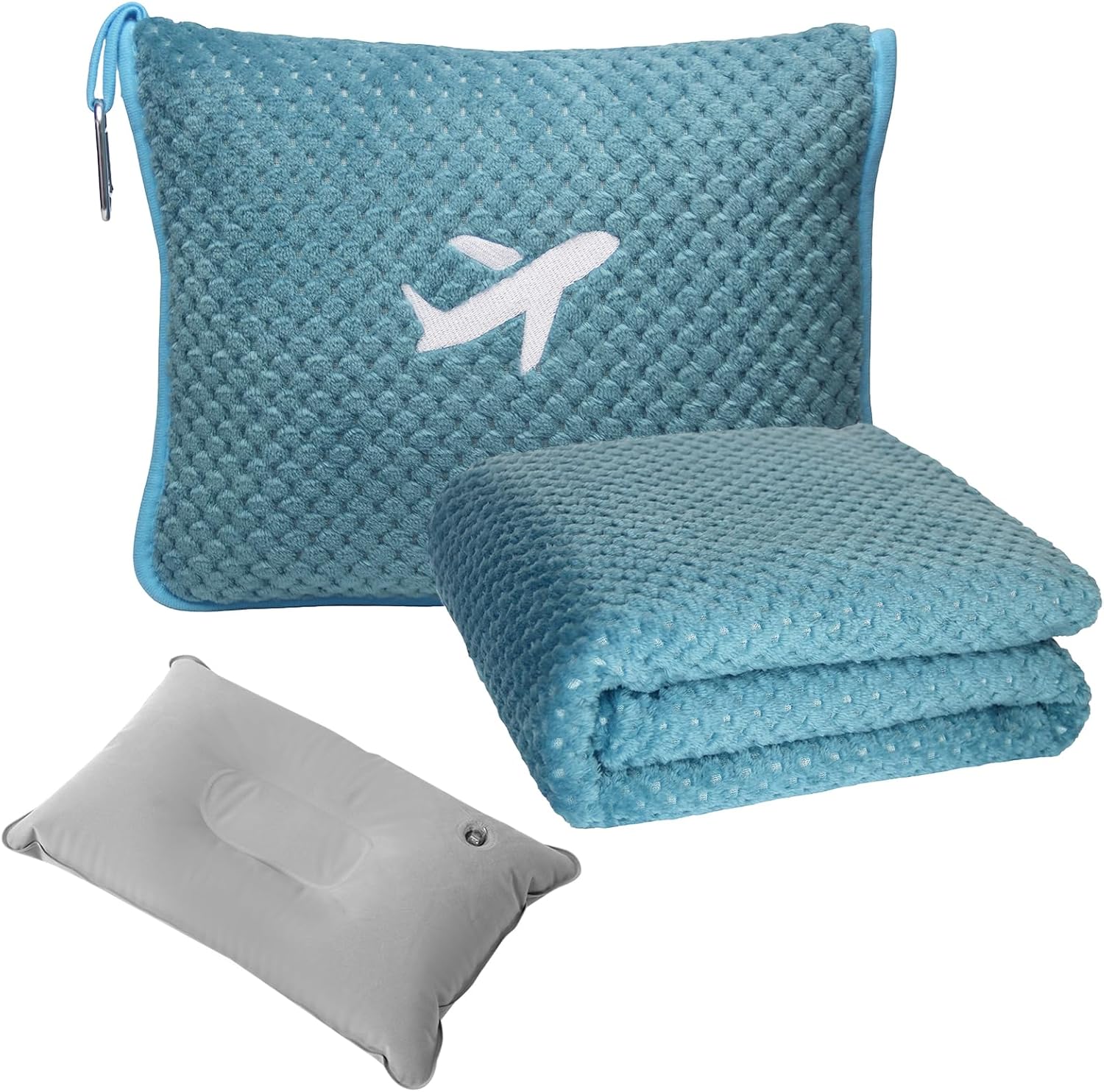 Cobertor de viagem compacto de avião com bolsa, cobertor de avião embalável 3 em 1 essenciais de viagem, travesseiro e cobertor de viagem, travesseiro inflável, manga de bagagem e clipe de